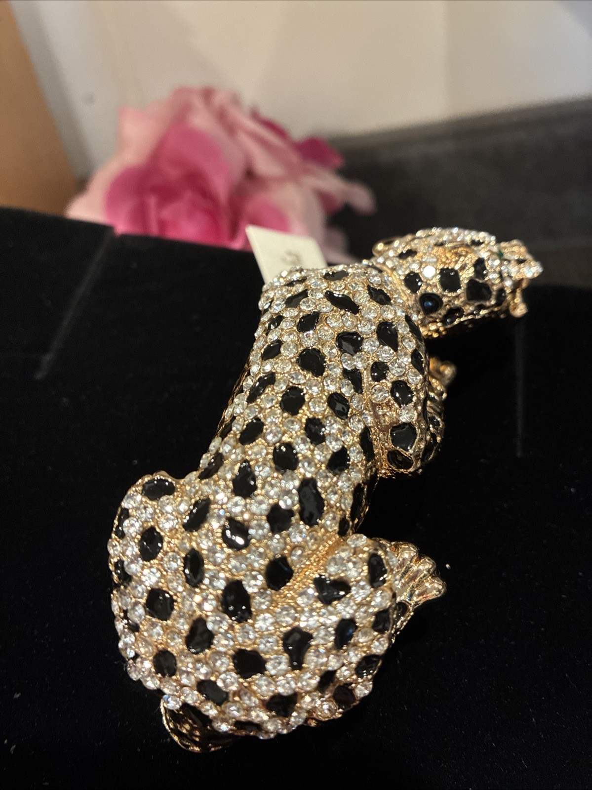 Natasha Gold Leopard Panther Cuff Bracelet Rhinestone, Enamel Green Eyes.