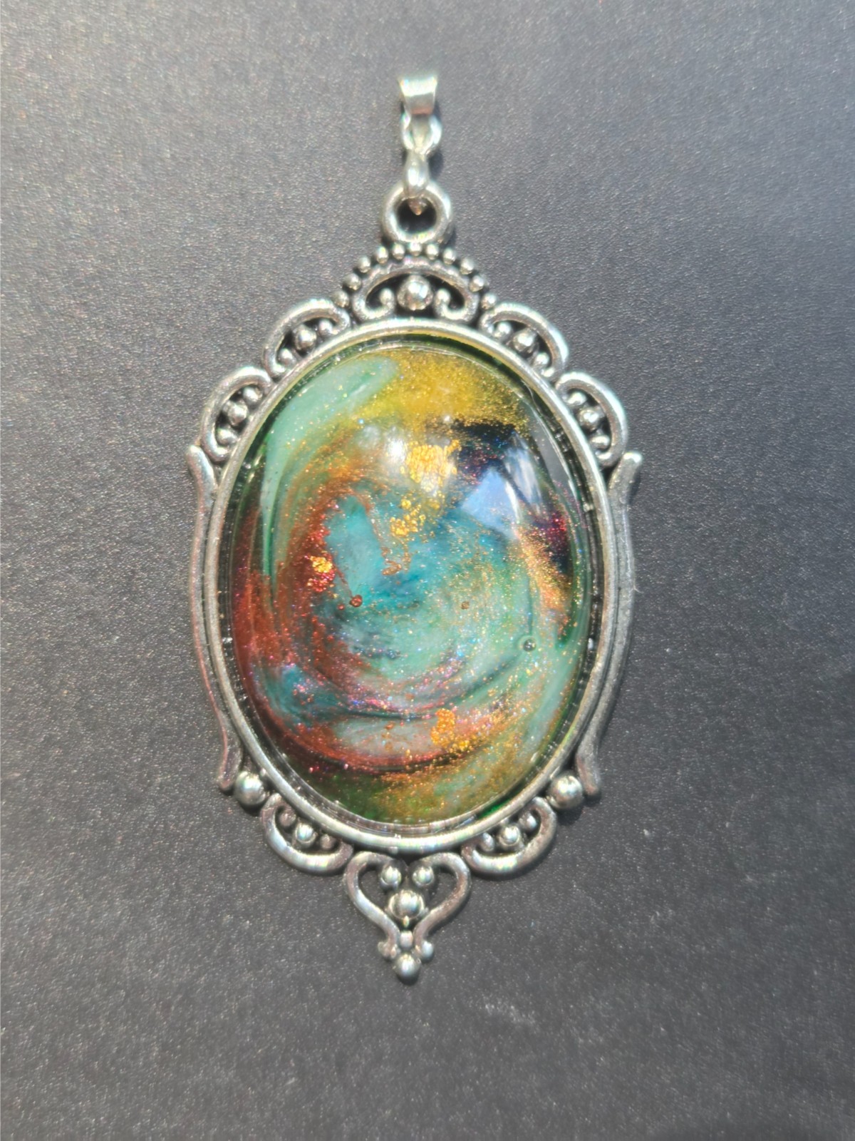 Handmade Resin Pendant Teal Metallic Ink Galaxy Oval One Of a Kind
