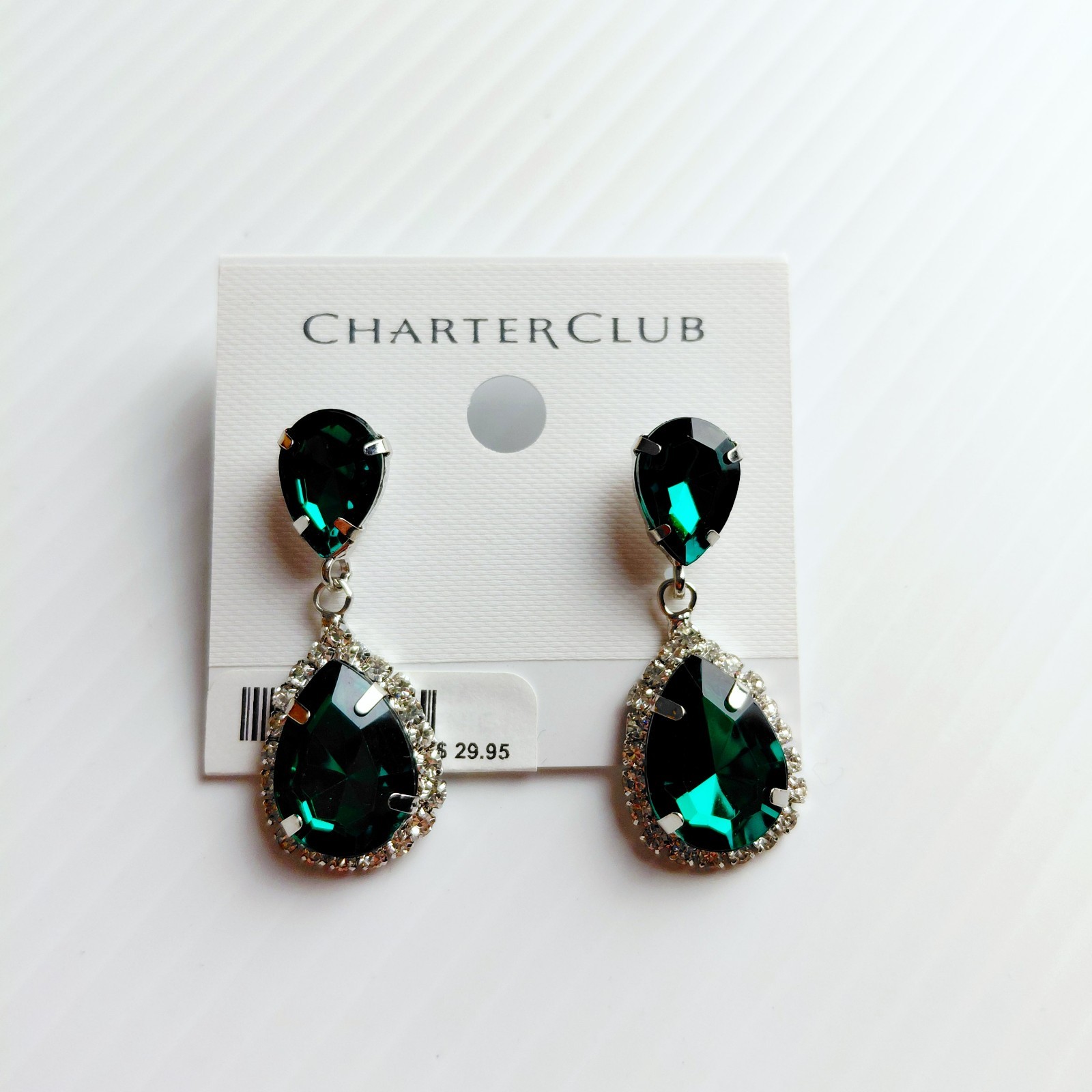 Charter Club Silver Tone Green Crystal Rhinestone Drop Earrings Jewelry