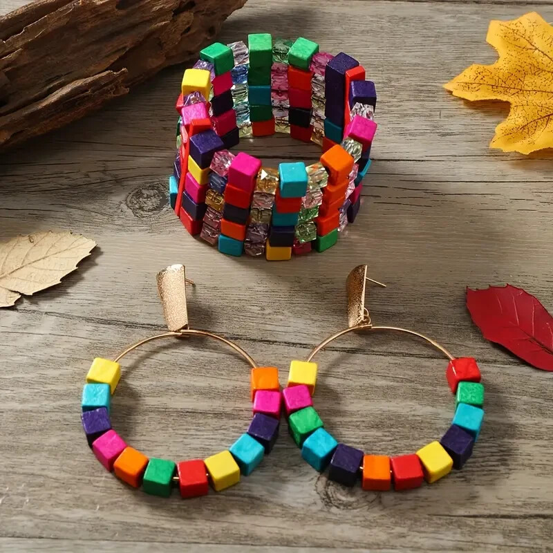 BRAND NEW SUPER CUTE WOOD BRACELET WITH MATCHING HOOP EARRINGS