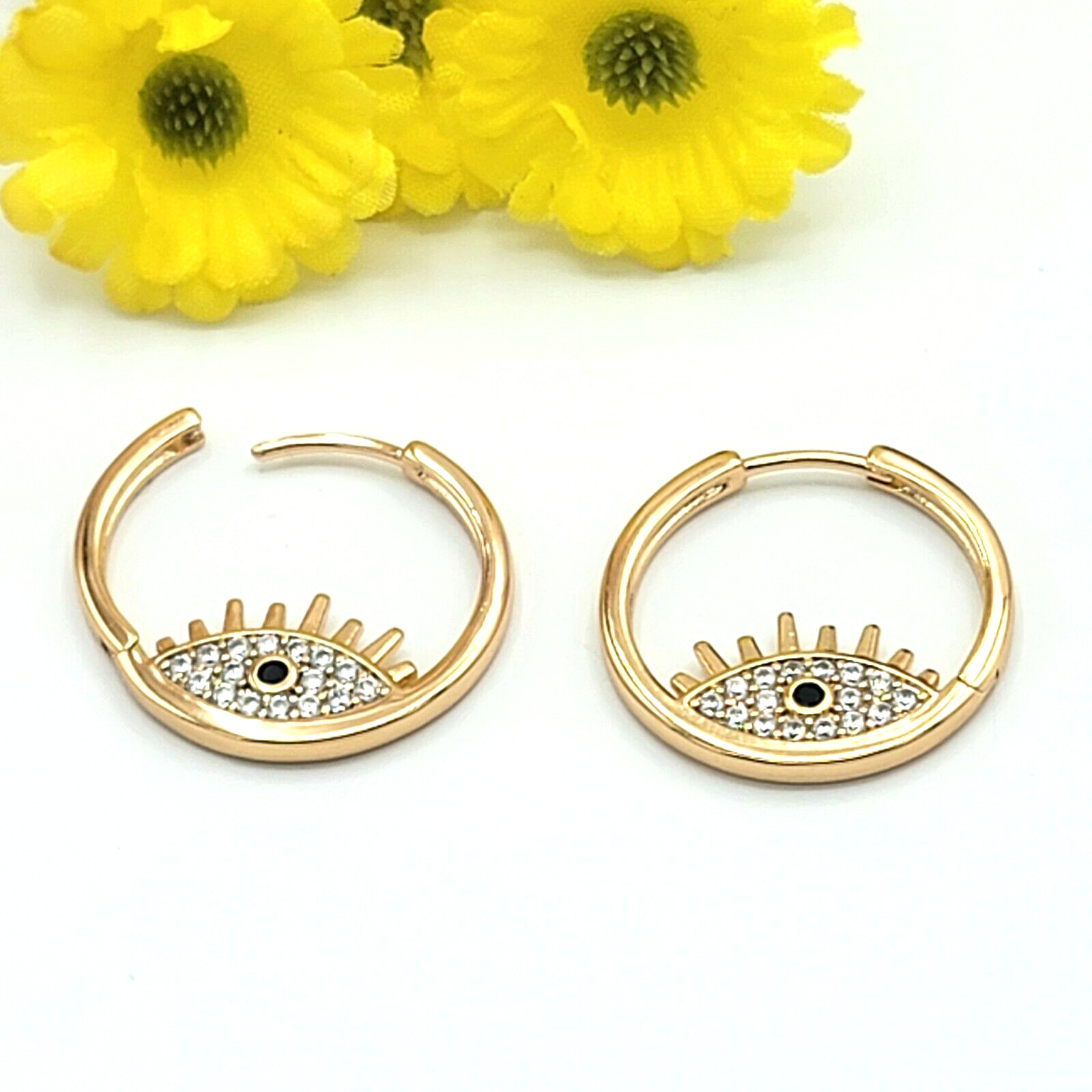 18K Gold Plated Crystal Evil Eye Hoop 23mm D Earrings. Oro Laminado