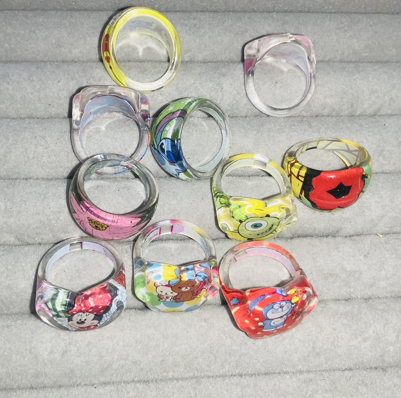 10 Chunky LUCITE Kids RINGS Mixed Shapes Sizes & Character Themes C