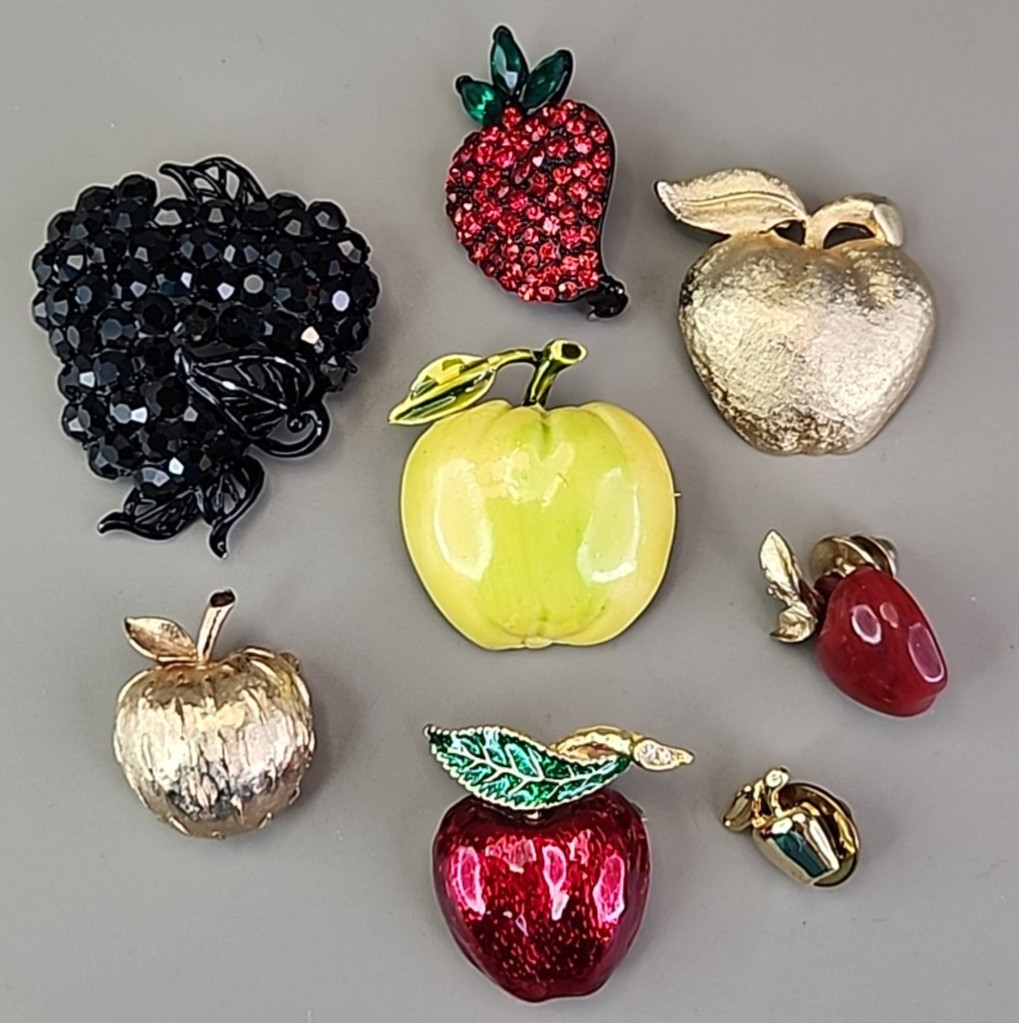 Fruit Brooch Lot of 8 Apples Strawberry Rhinestones Enamel Coro Napier
