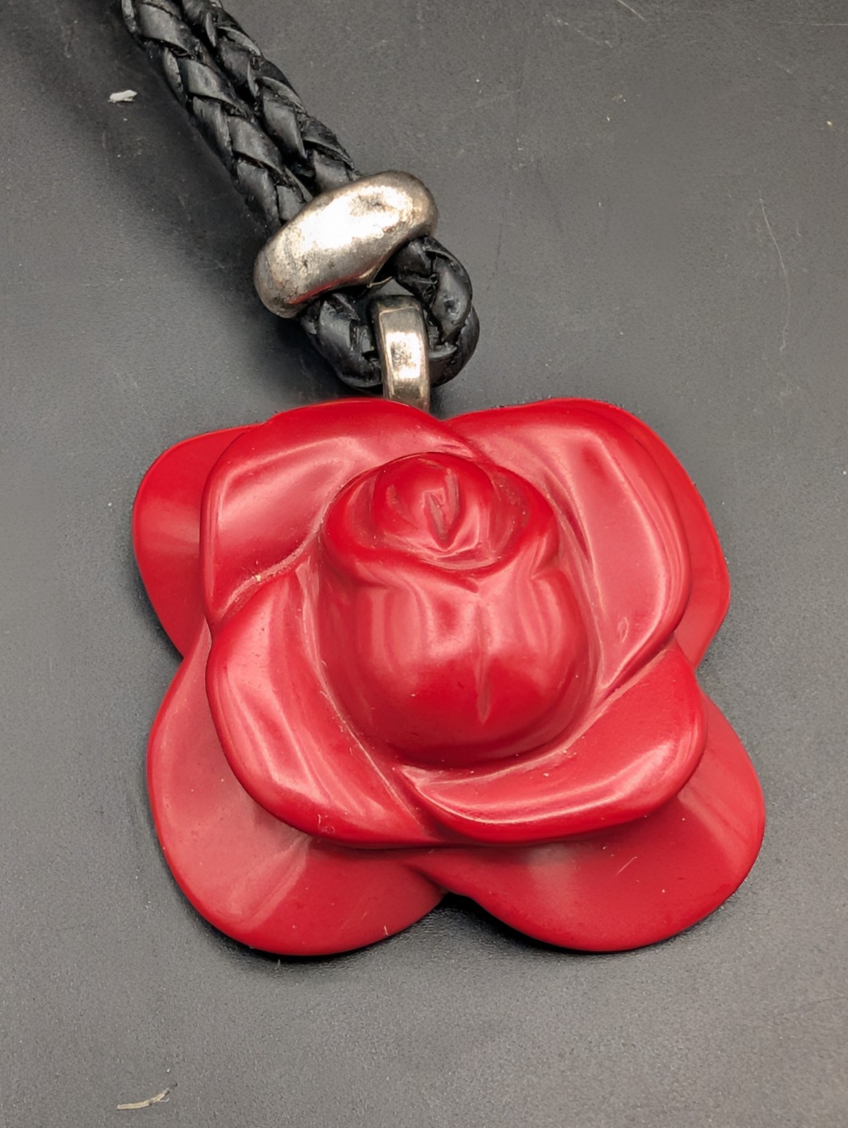 Large Genuine Carved Red Coral Rose Pendant Necklace Braided Cord Statement 30g