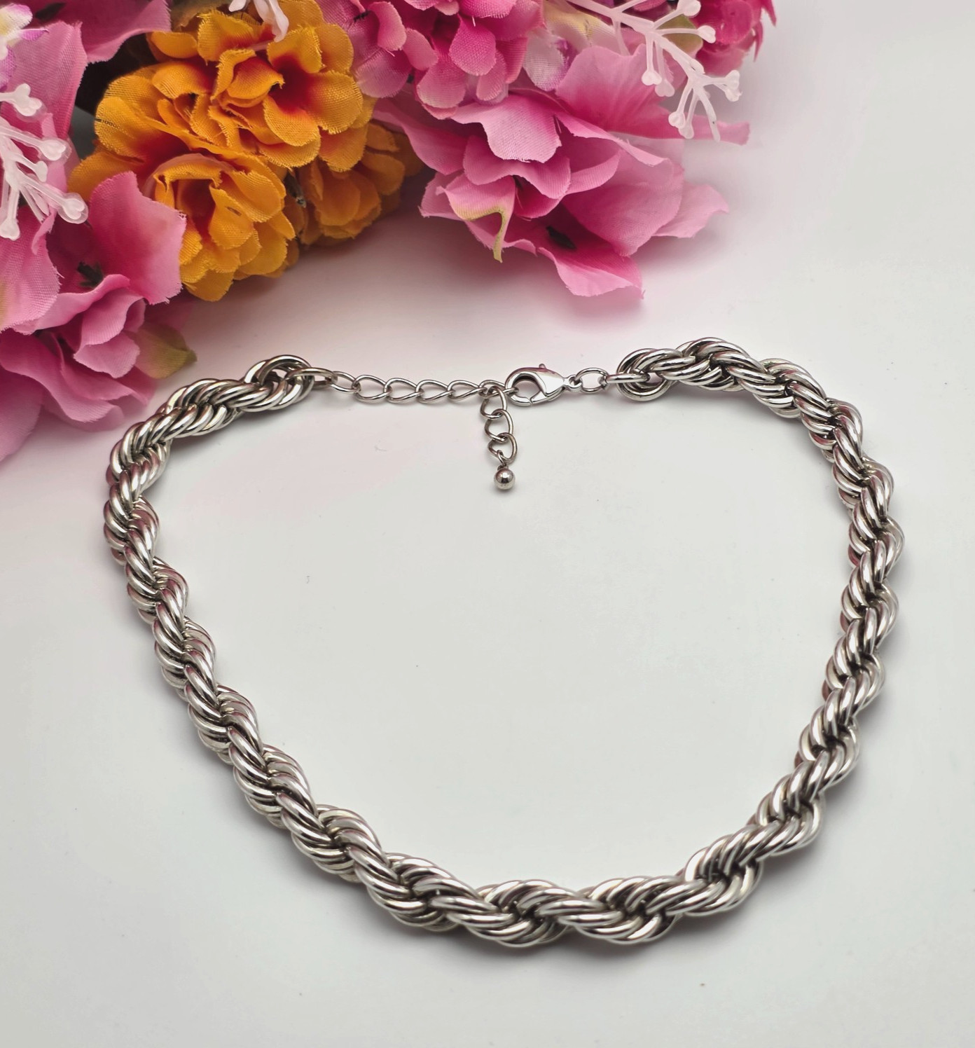Silver Tone Twisted Rope Chain Necklace 9.8mm Chunky Collar Statement 17 in Adj.