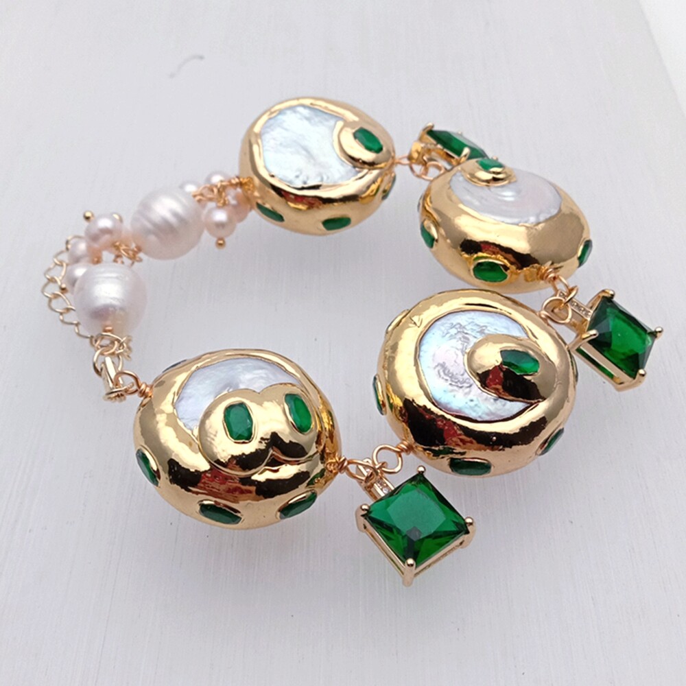 White Cultured Keshi Coin Pearl Green Cz Square Charm Bracelet Fashion Jewelry