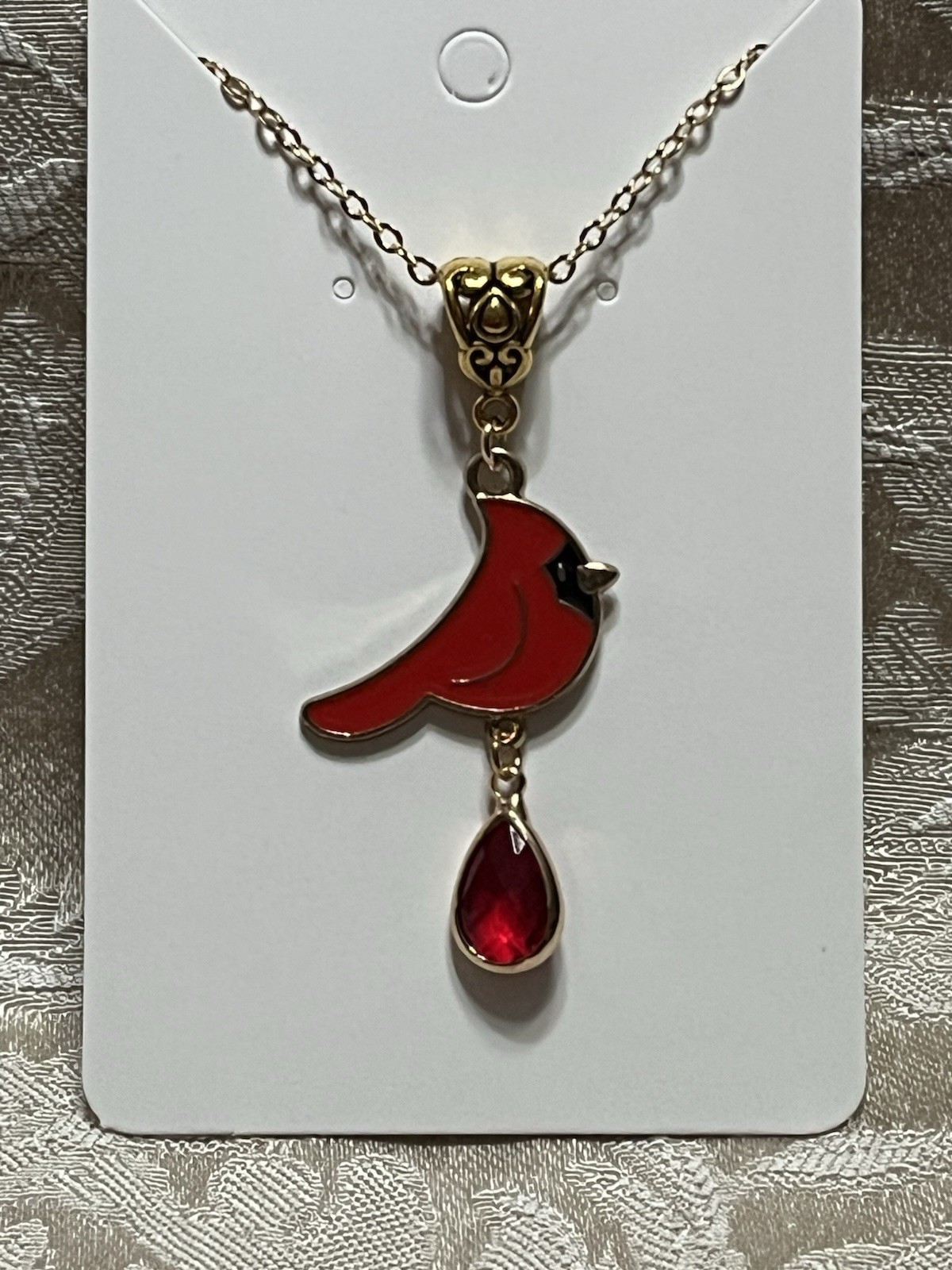 Cardinal Red Gem Christmas Gold Enamel Drop Dangle Boho Trendy Necklace