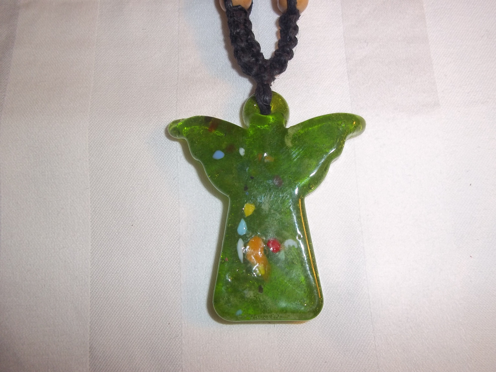 16 1/2 Inch Black HEMP Necklace with GREEN Glass ANGEL Pendant GOTH Hobo H-148