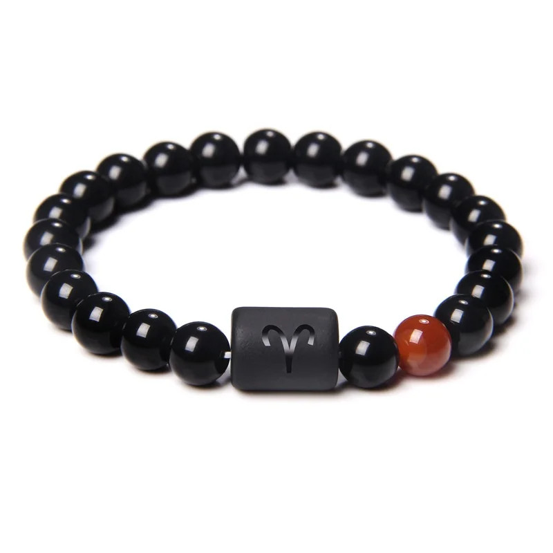 12 Constellation Zodiac Beads Couples Bracelet Natural Black Onyx Elastic Charm