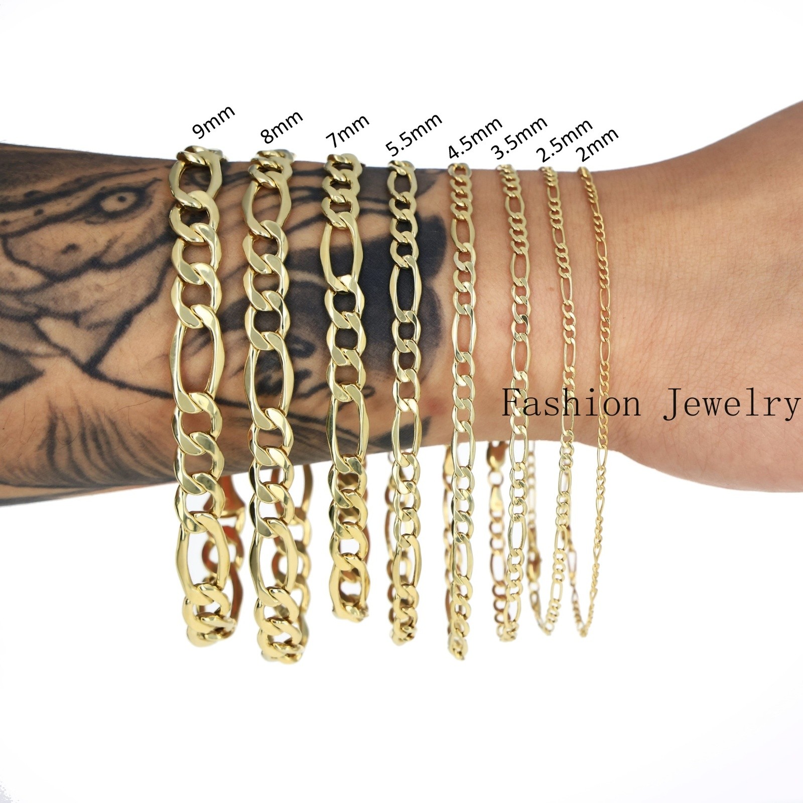 10K Yellow Gold 3.5mm-9mm Italian Figaro Chain Link Bracelet Mens Women 7″ 8″ 9″