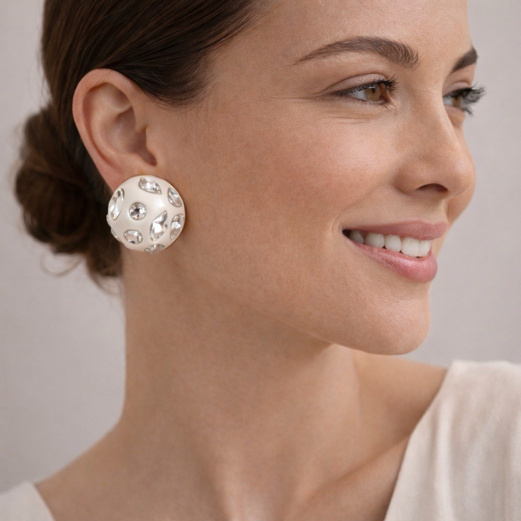 J.Crew Crystal Rhinestone Orb Statement Earrings White Gold Dome Studs Bold Chic