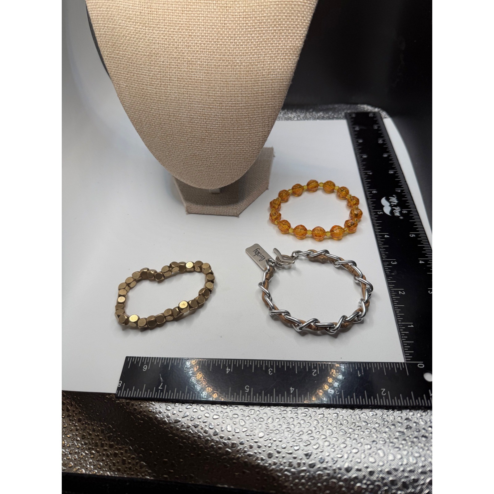 Lucky Brand Bracelet Set 3PC Silver Cork Chain Amber Bead Gold Geometric Boho