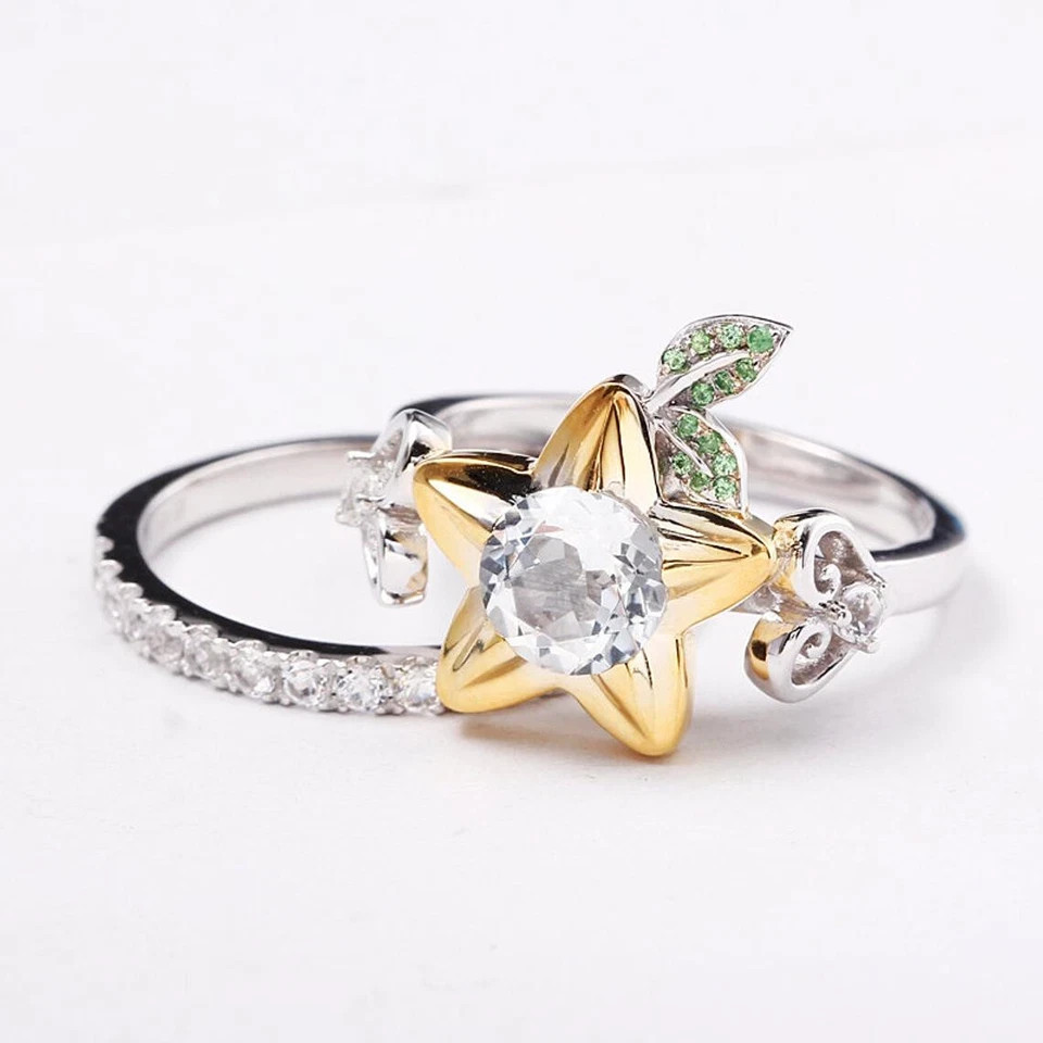 Star Fruit & Heart 1.5Ct Round CZ Wedding Engagement Ring & Band Set 925 Silver