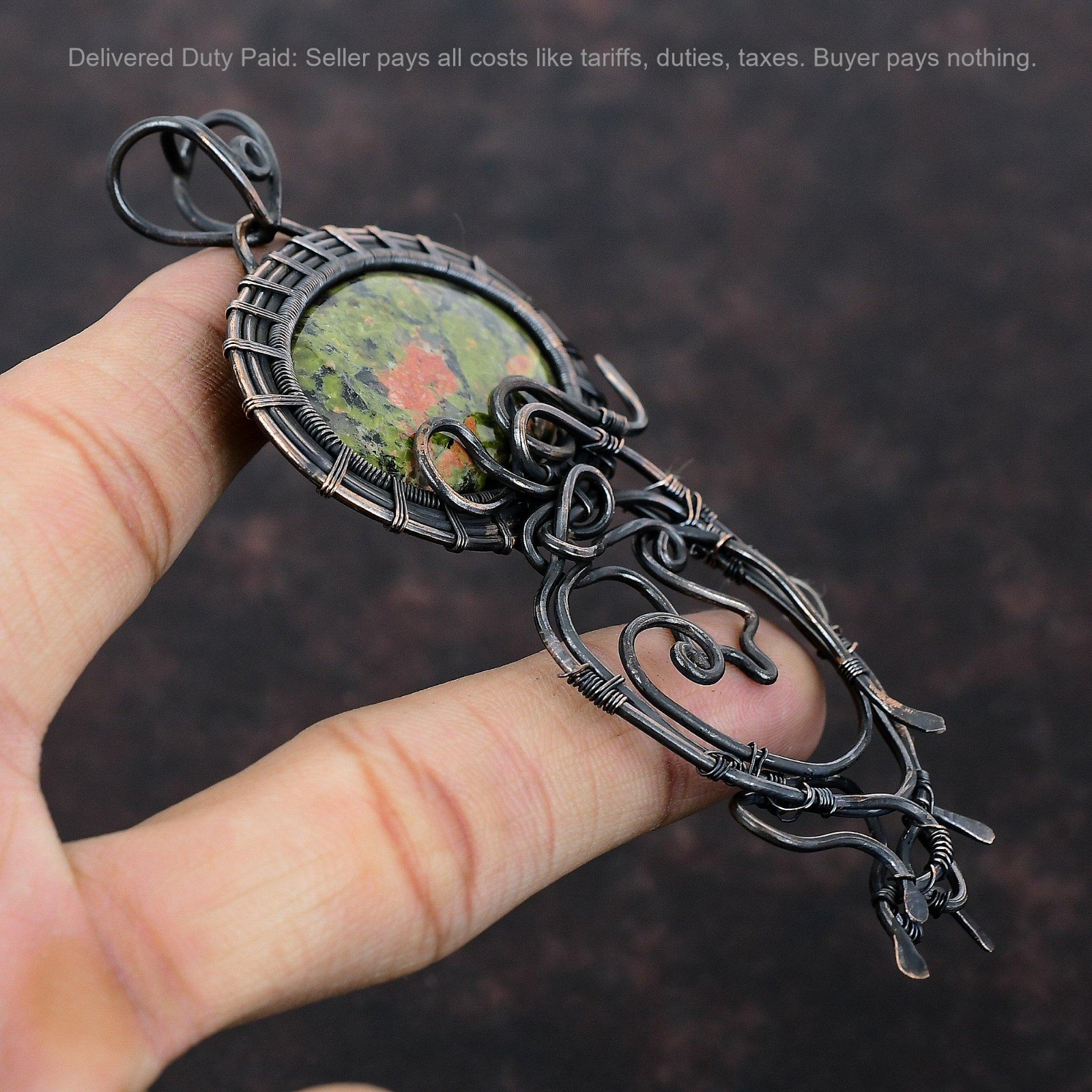 Halloween Sale Copper Natural Unakite Wire Wrapped Anniversary Daughter Pendant