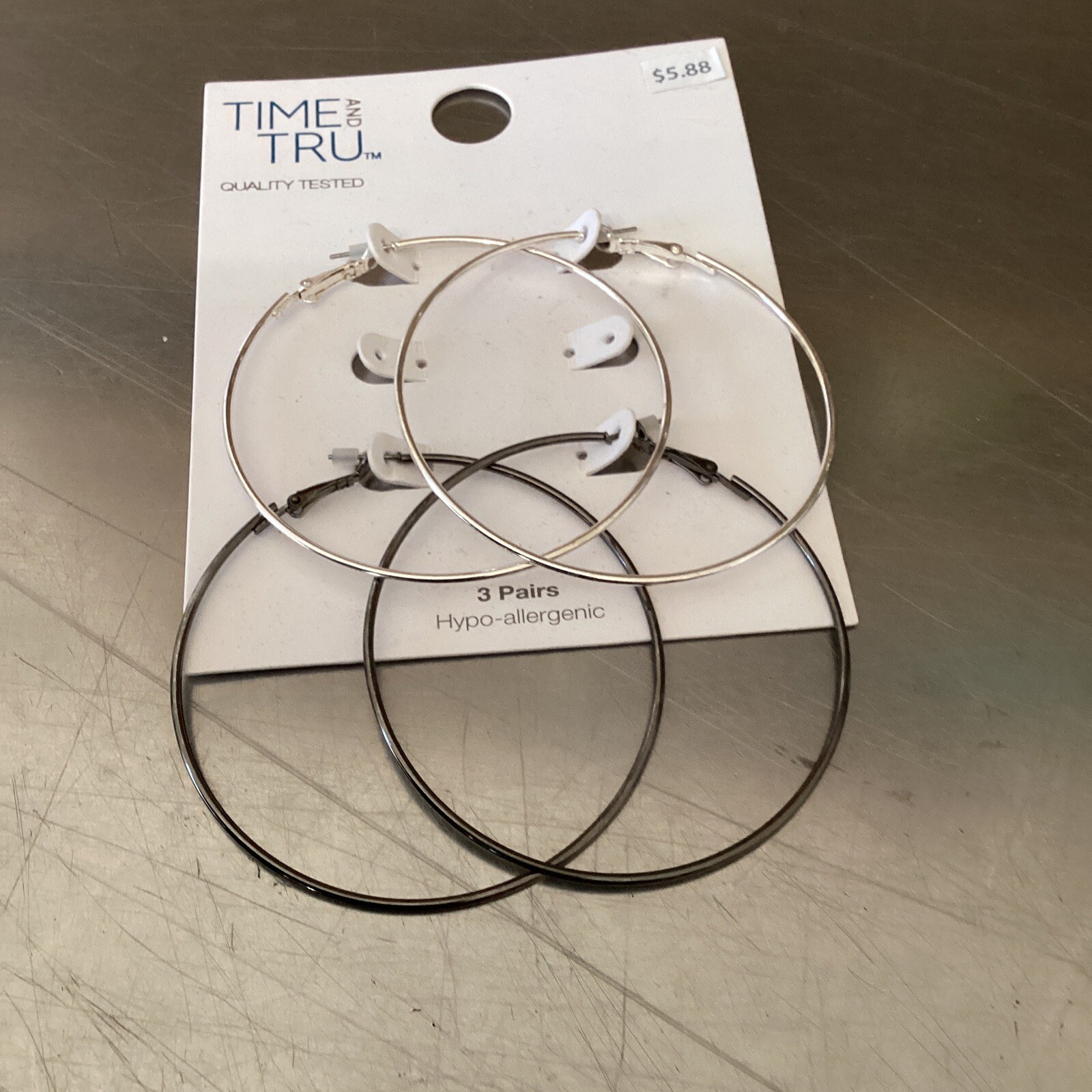 Time and Tru Hypo-allergenic Silver Tone Dangle Hoop Large Earrings 2 Pair