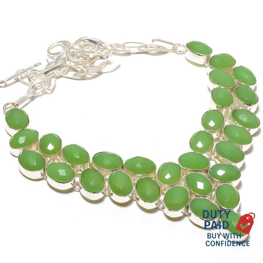 Sterling Silver Finish Genuine aqua chalcedony Chain Engagement Necklace Jewelry