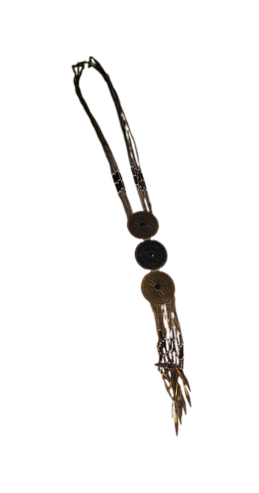 Vintage Gold Black Filigree Disc Medallion Tassel Boho Dreamcatcher Necklace XL