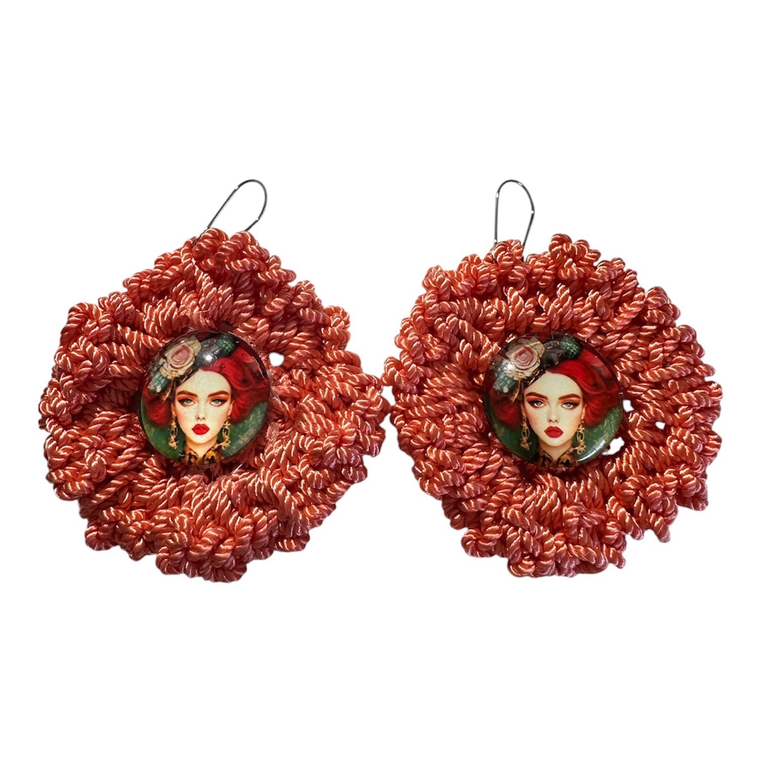Earrings Crochet Cabochon Boho Woman Designer Fashion “ Hand Knits 2 Love” Hip