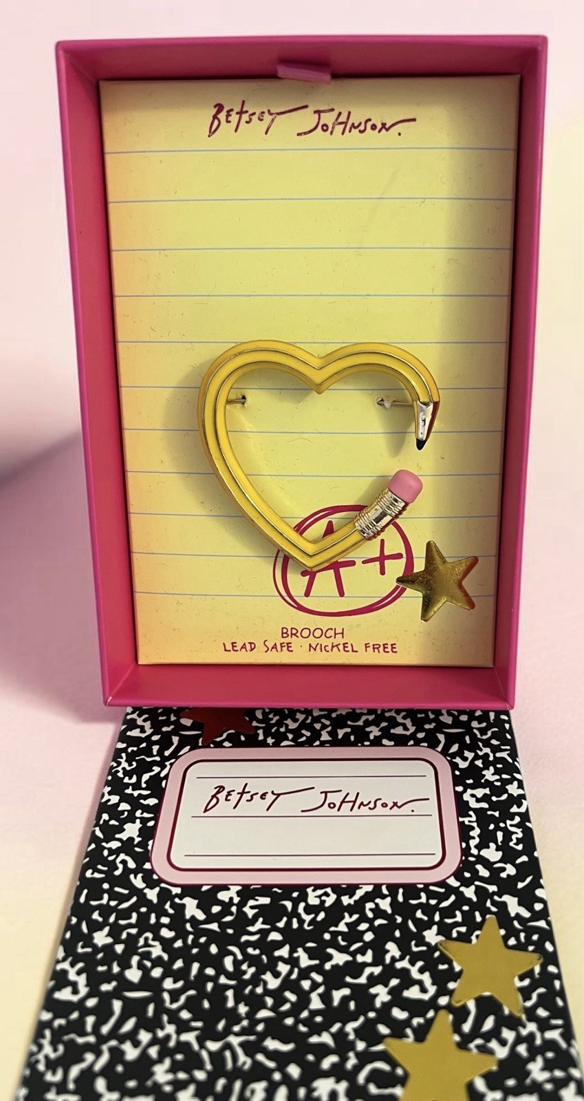 Betsey Johnson Brooch Heart Pencil Yellow With Star Accent NWT With Box