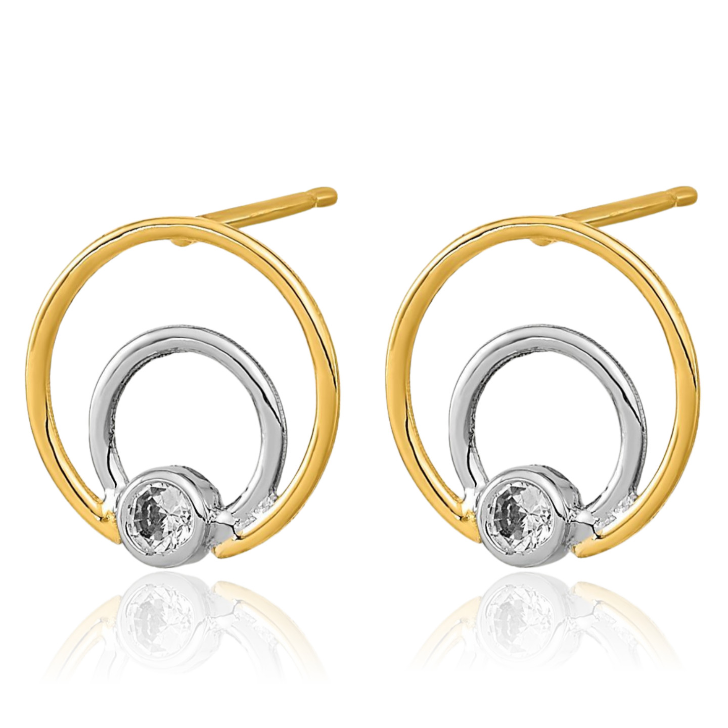 14K Solid Two Tone Gold Cubic Zirconia Large Stud Earrings 10mm 3/8 inch Round