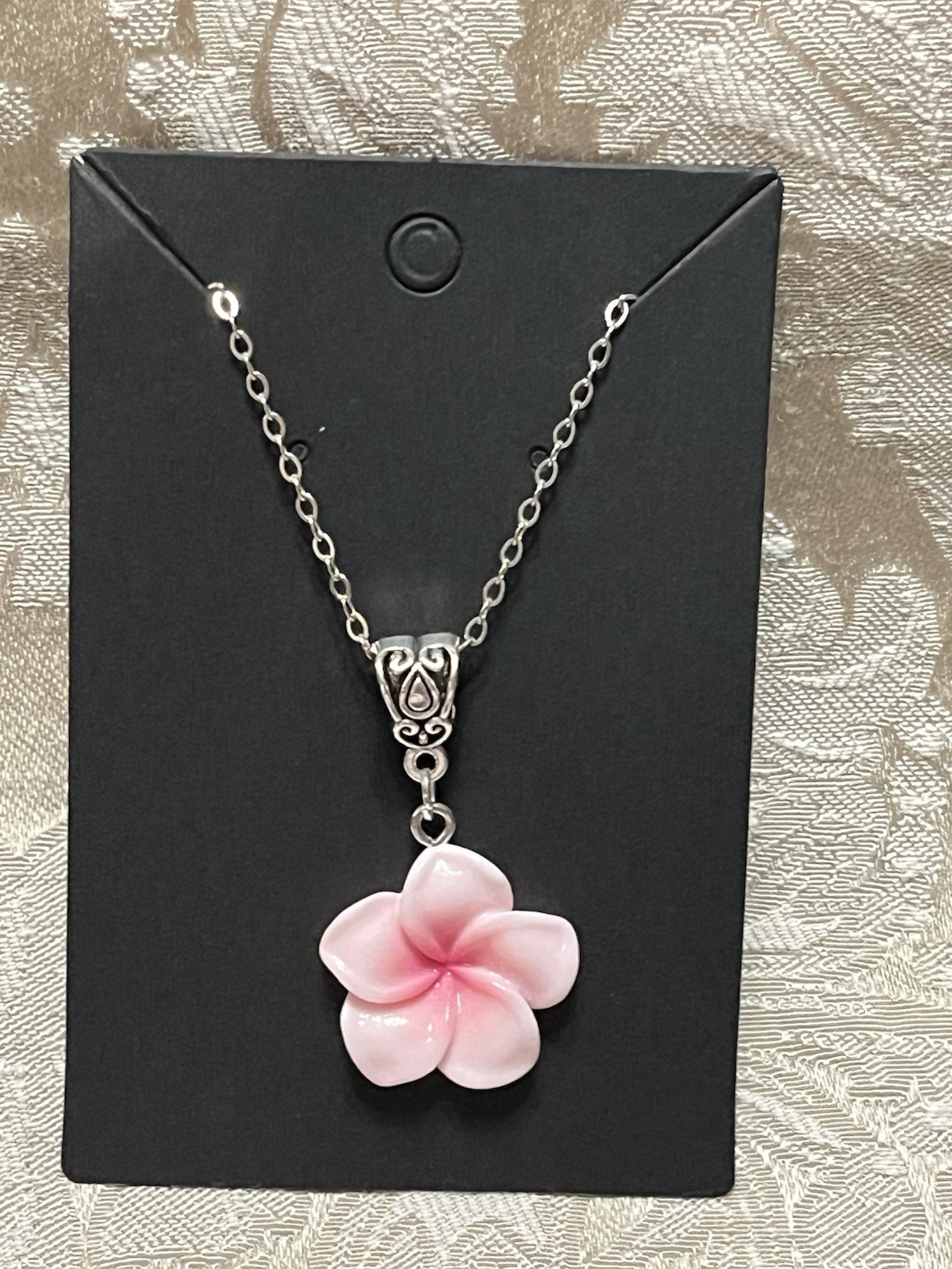 Pink Floral Camellia Flower Resin Pendant Silver 18” Necklace Boho Fashion