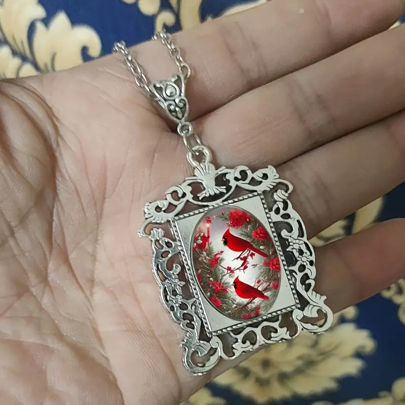 Northern Cardinal Gothic Boarder Jewelry Vintage Silvery Bird Pendant Necklace