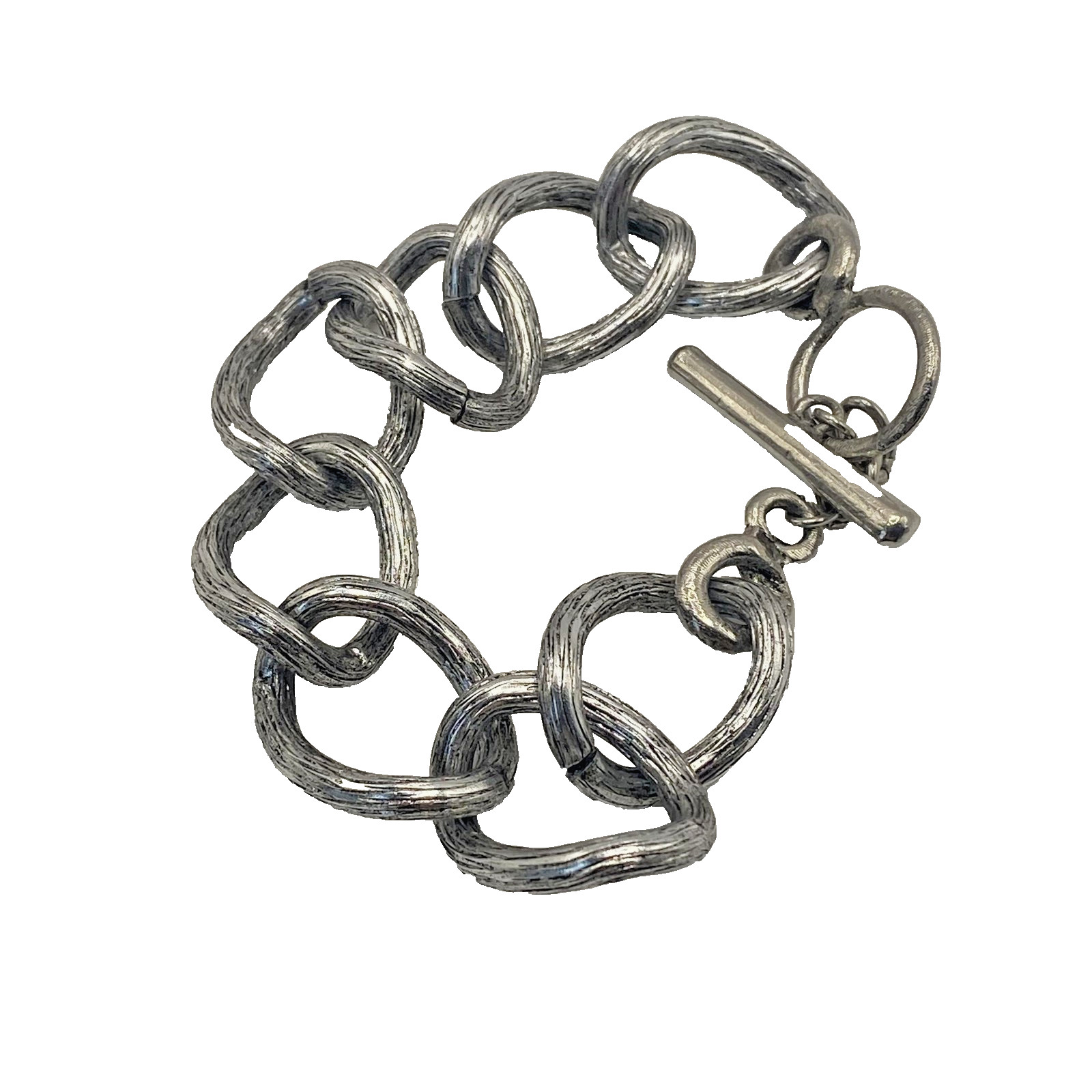 Silver Tone Chain Bracelet Womens 8.3 In Large Textured Oval Links Toggle Clasp