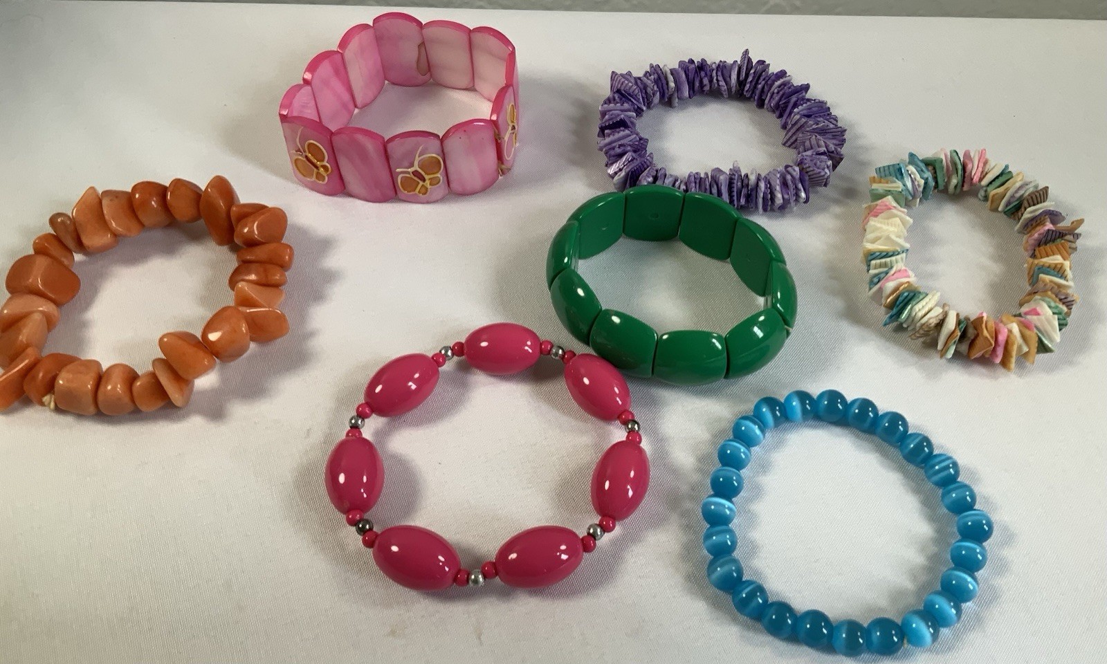 Lot Of 7 Fashion Bracelets Various Materials 1 Stone Pink Blue Orange