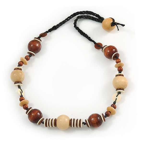 Stylish Brown/ Natural Wood and Acrylic Bead With Black Cotton Cord Necklace –