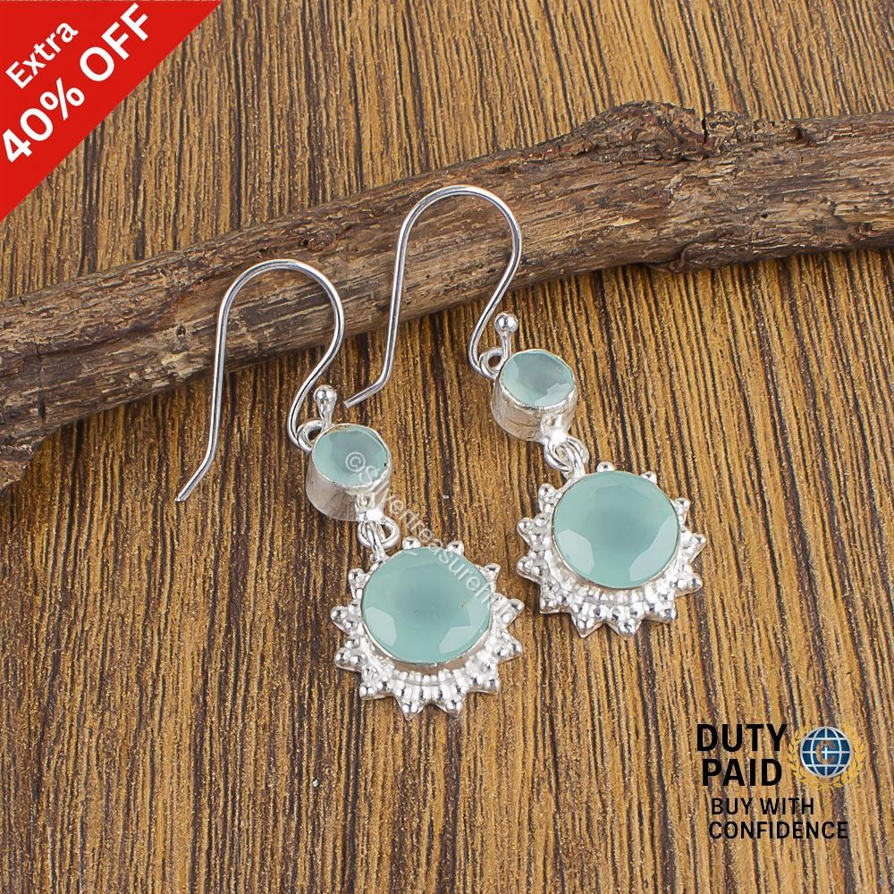 925 Sterling Silver Round Aqua Chalcedony Gemstone Daughter Anniversary Earrings