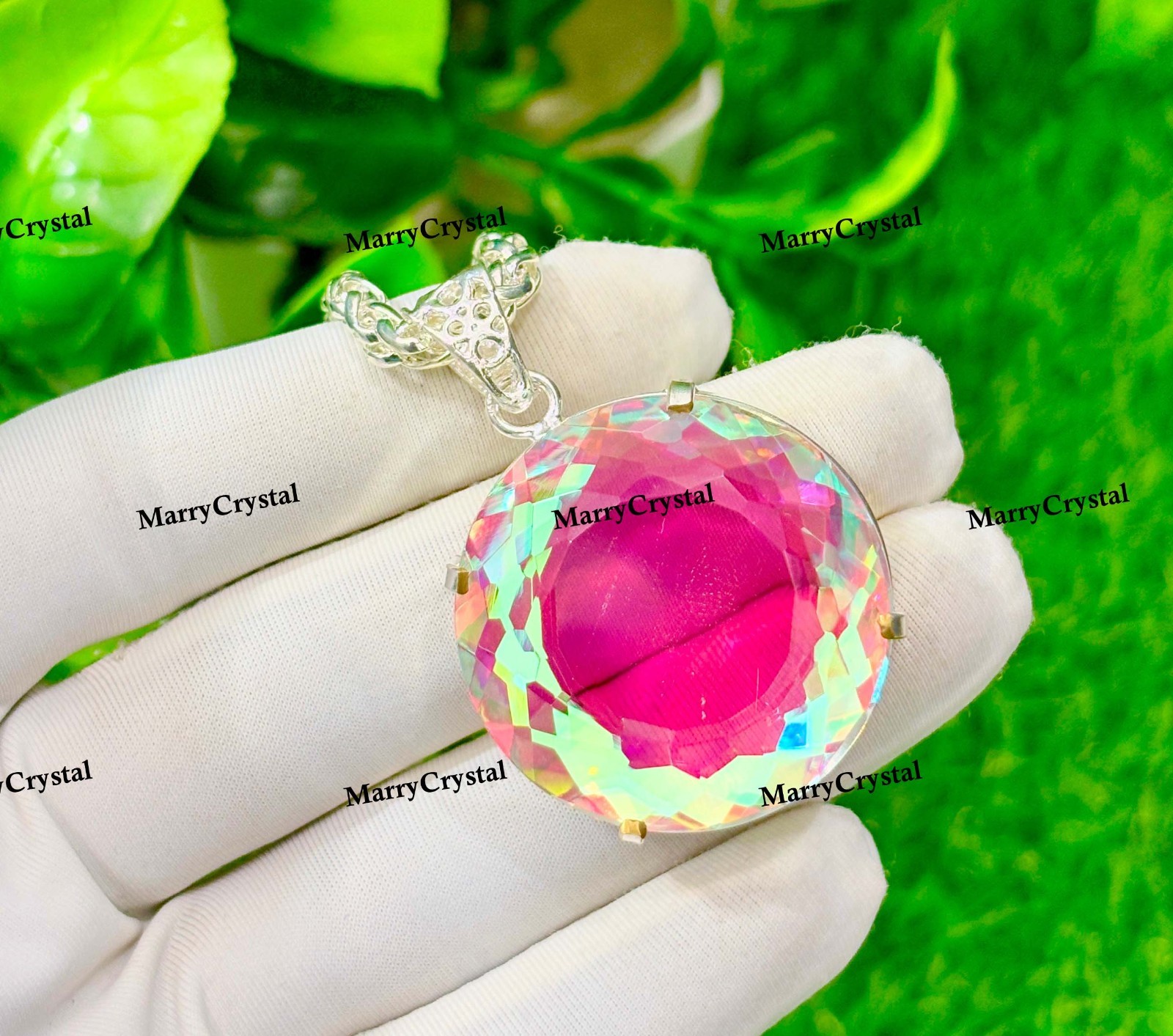 Handcrafted Dichroic Mystic Glass Pendant Necklace, Multi-Color Round Gemstone