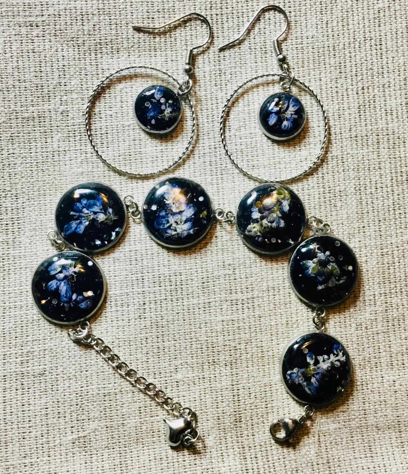 Sage flowers jewelry set,real pressed sage flower & glitter bracelet and earring