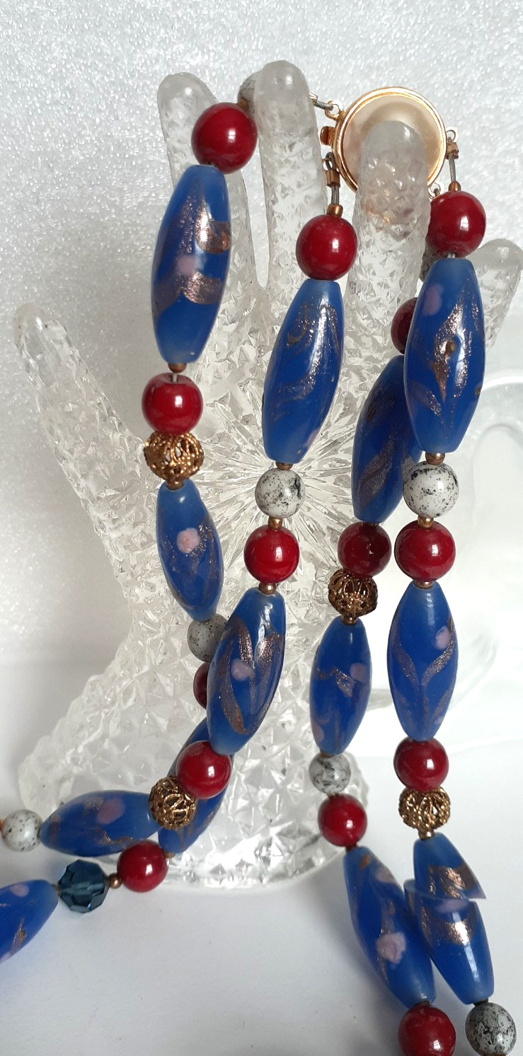 17″ Double Strand Elongated Glass Bead Necklace Blue/Goldflex/Cranberry