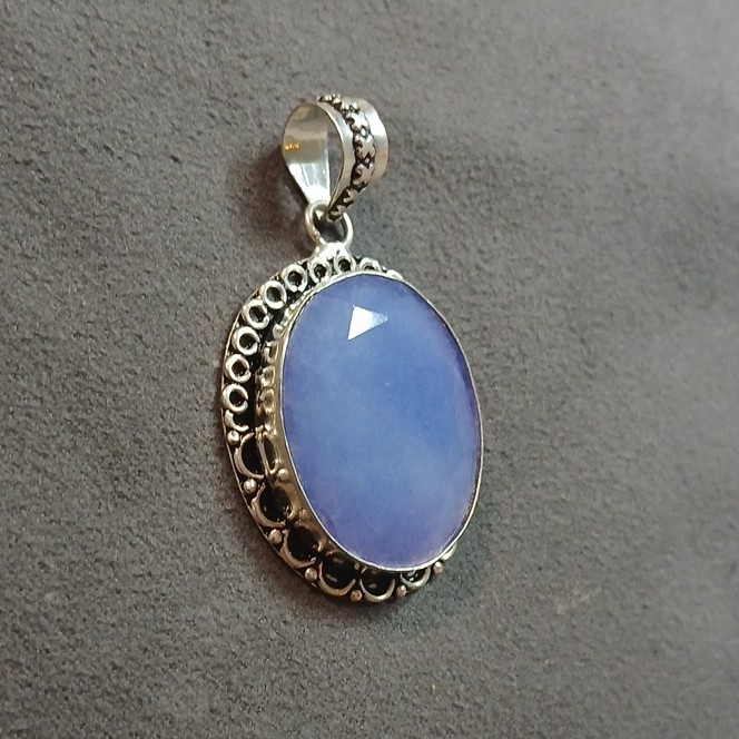 925 SS Simulated Blue Sapphire Pendant Charm Bezel Setting Handmade In India