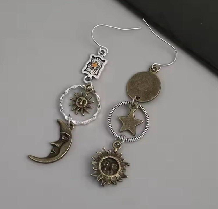 Sun Moon & Stars Dangle / Drop Boutique Style Earrings, Asymmetrical Mixed Metal