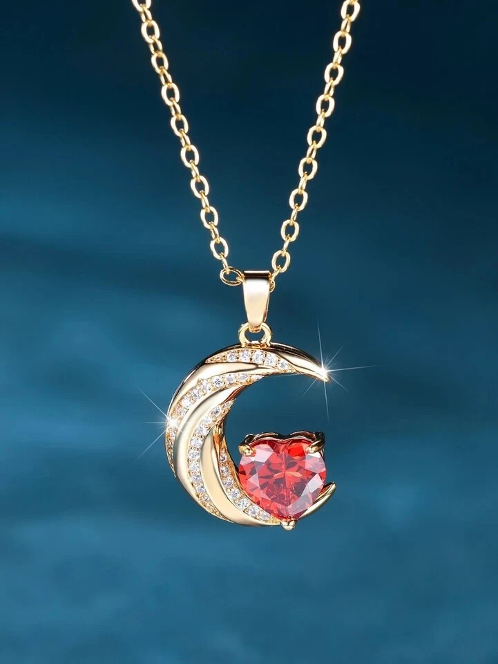 3 Ct Heart Cut Simulated Red Garnet Moon Heart Pendant In 14k Yellow Gold Plated