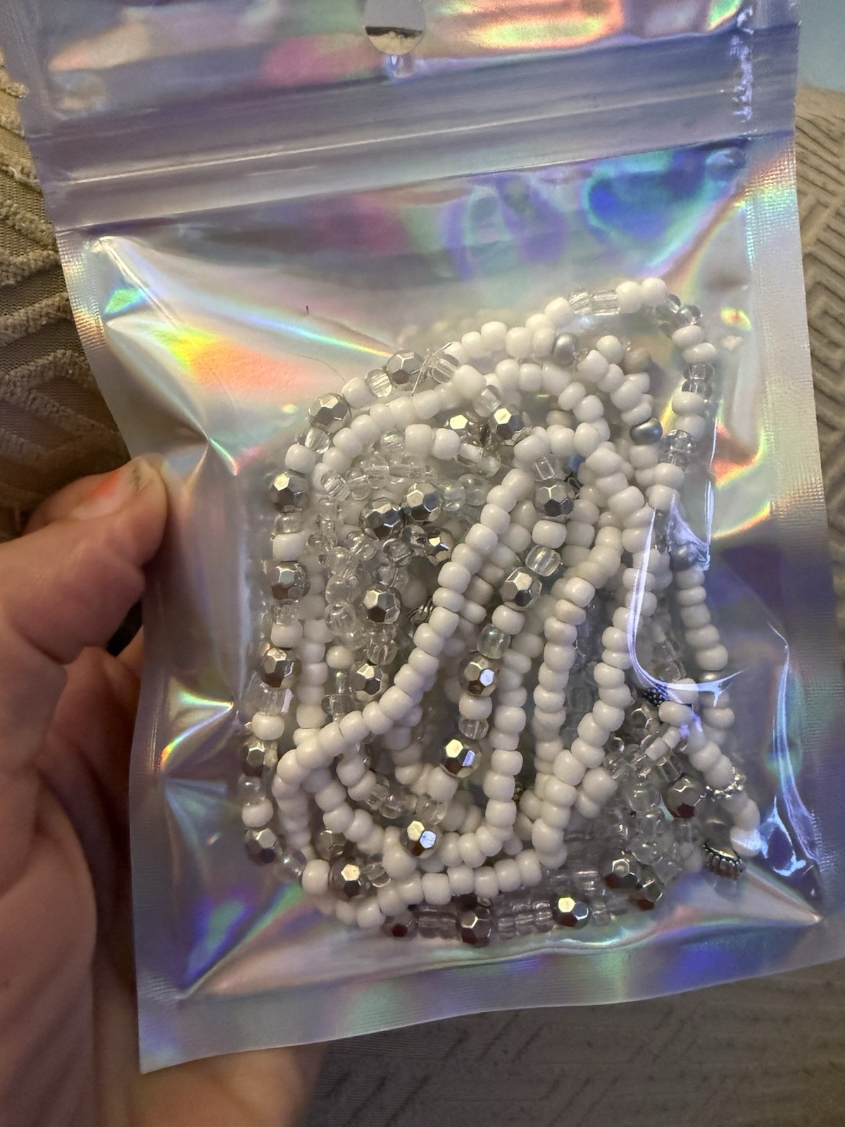 White Clear Silver Glass Plastic Beaded Stackable Stretch Wrap Bracelet Round