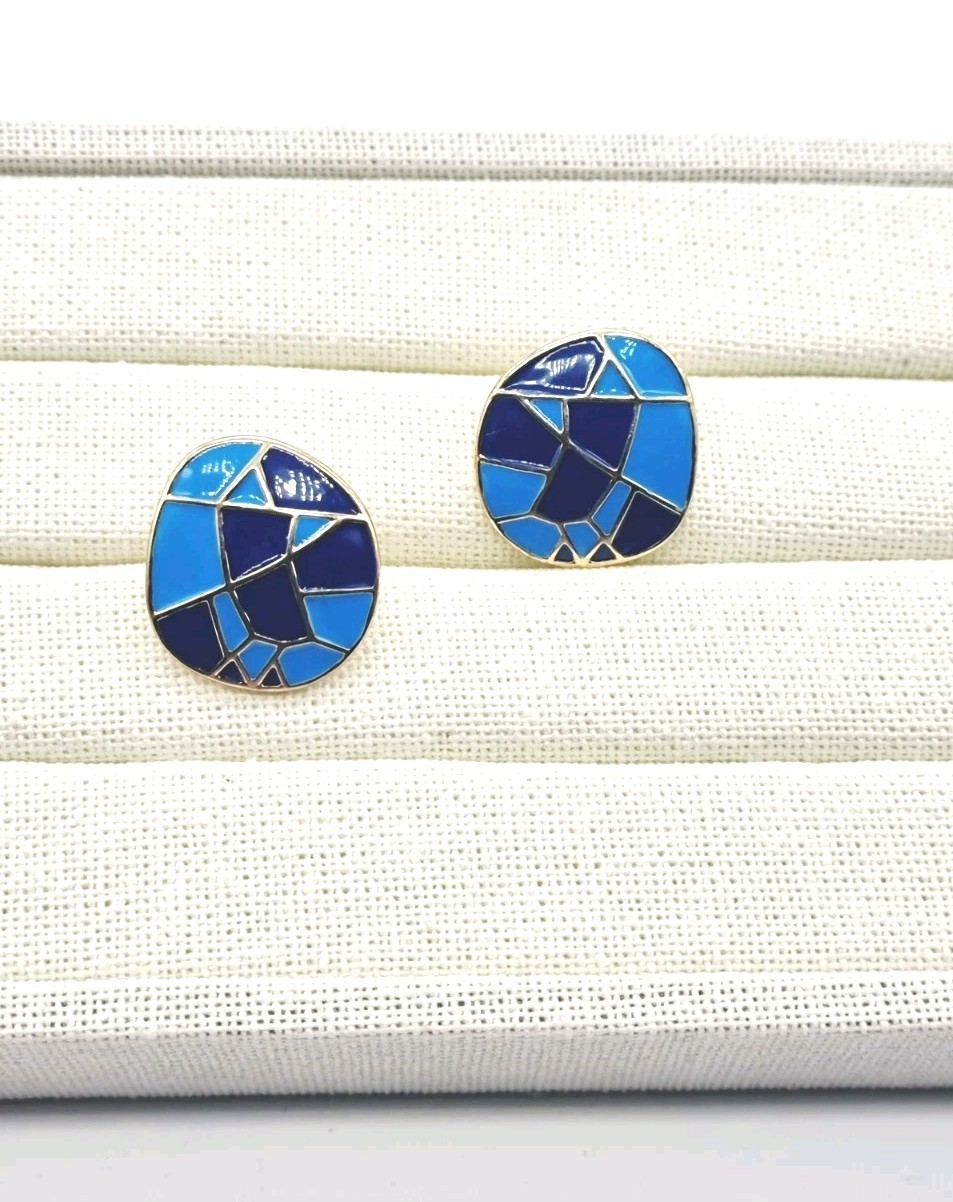 Earrings Enamel Round 2.3cm Art Deco Blue Gold Push Backs Arty Retro Party Gift