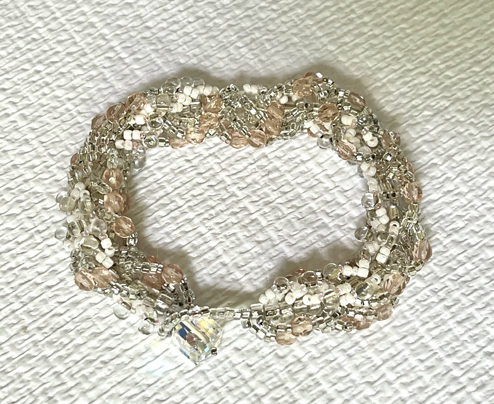 Bracelet MultiStrand Seed Bead Torsade 8” Pale Pink White Clear Crystal Closure