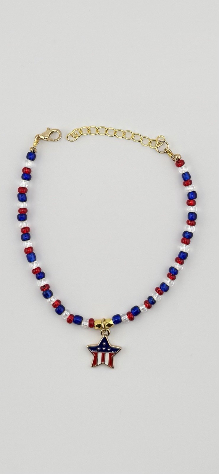 Red White & Blue Glass BeadBracelet 8in Lobster Clasp Star Charm 4th of July