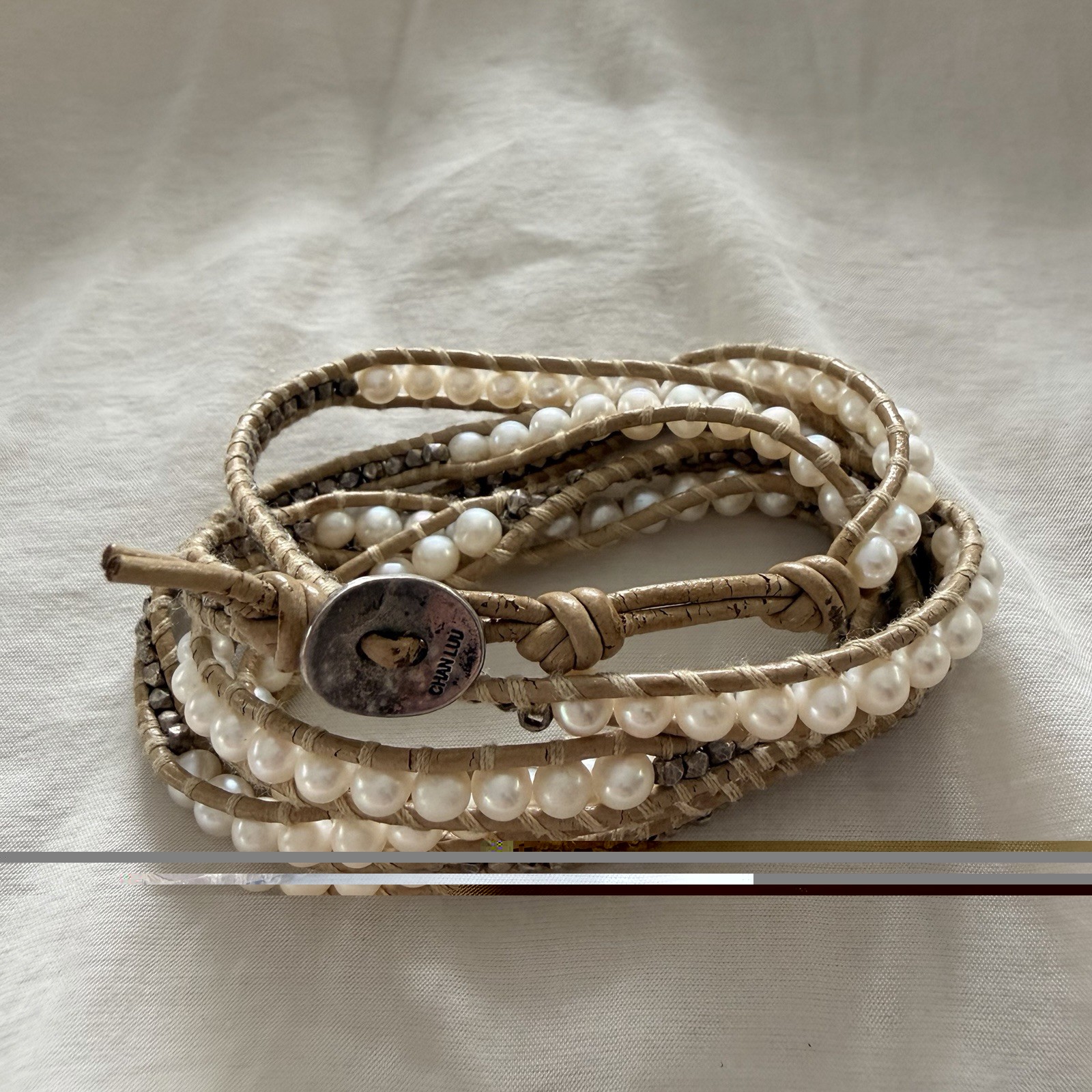 CHAN LUU 5 Wrap Bracelet Pearl & Silver Beads Leather Boho Style
