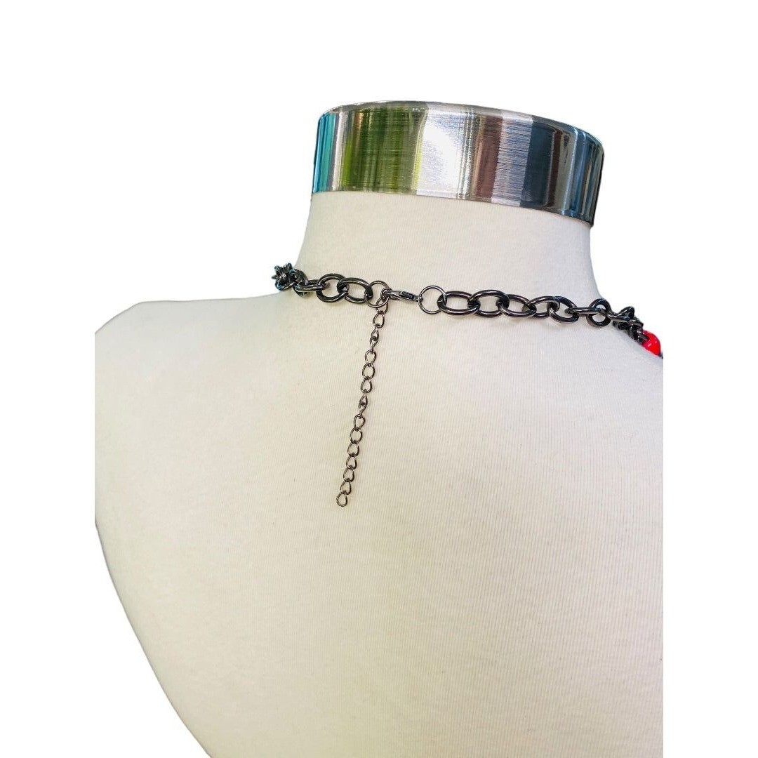 Pewter Color Layered Look Necklace Red Bead Lobster Clasp 27″ Long