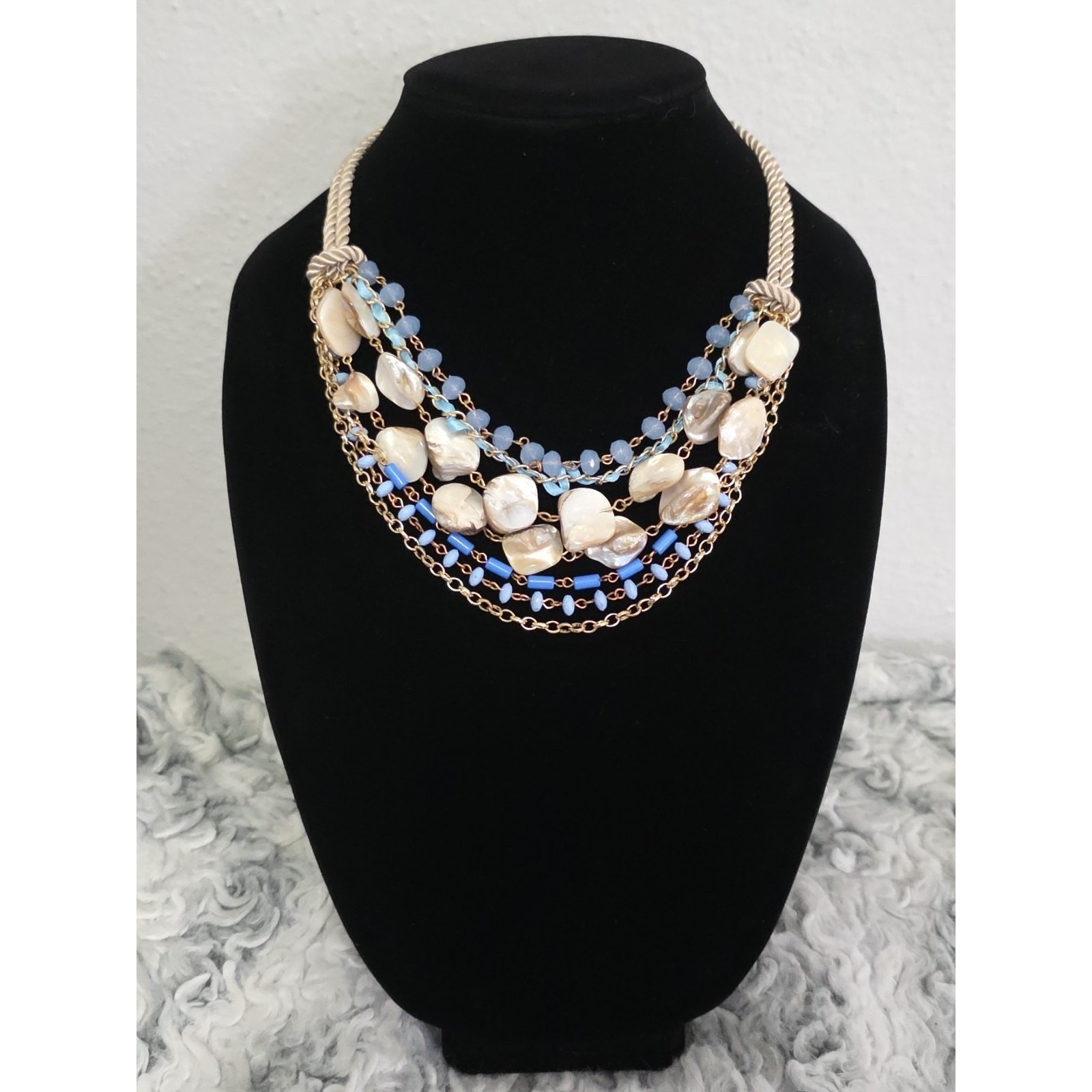 Multistrand Statement Bib Style Necklace Shades Of Blue Mother Of Pearl Pieces