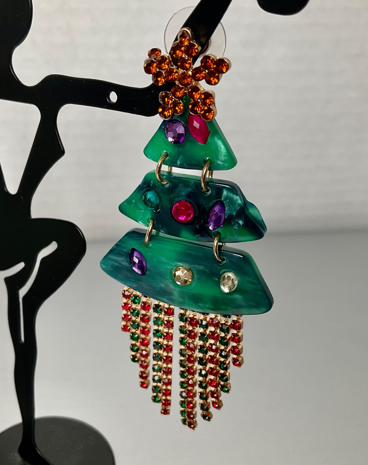 NOIR Funky Statement Christmas Tree Dangle Earrings Acrylic & Rhinestones