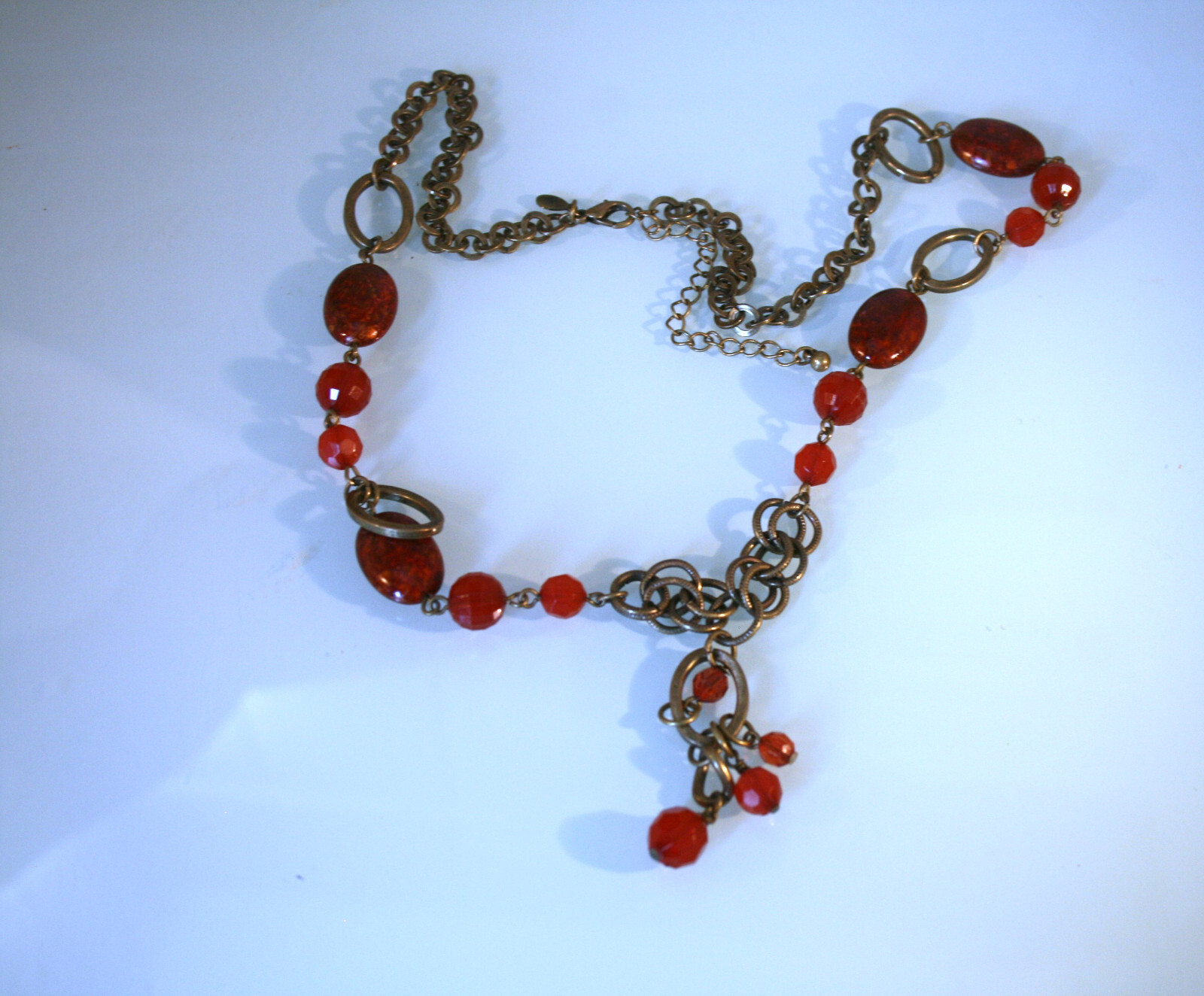 Brass tone red oval & round beaded oval chain tassel pendant necklace 22″ +3