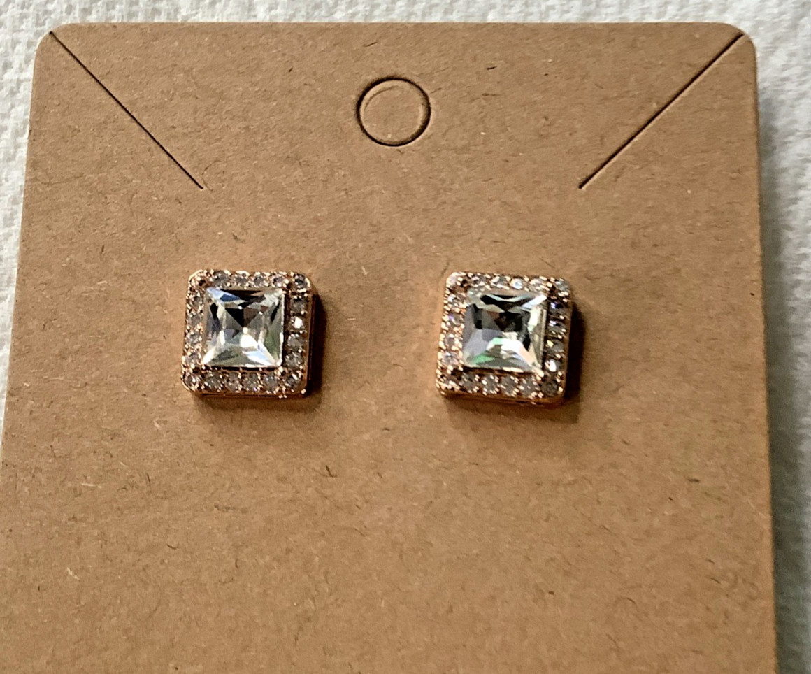JCM Earrings Rose Gold Tone Princess Cut Rhinestone Pave Setting Post