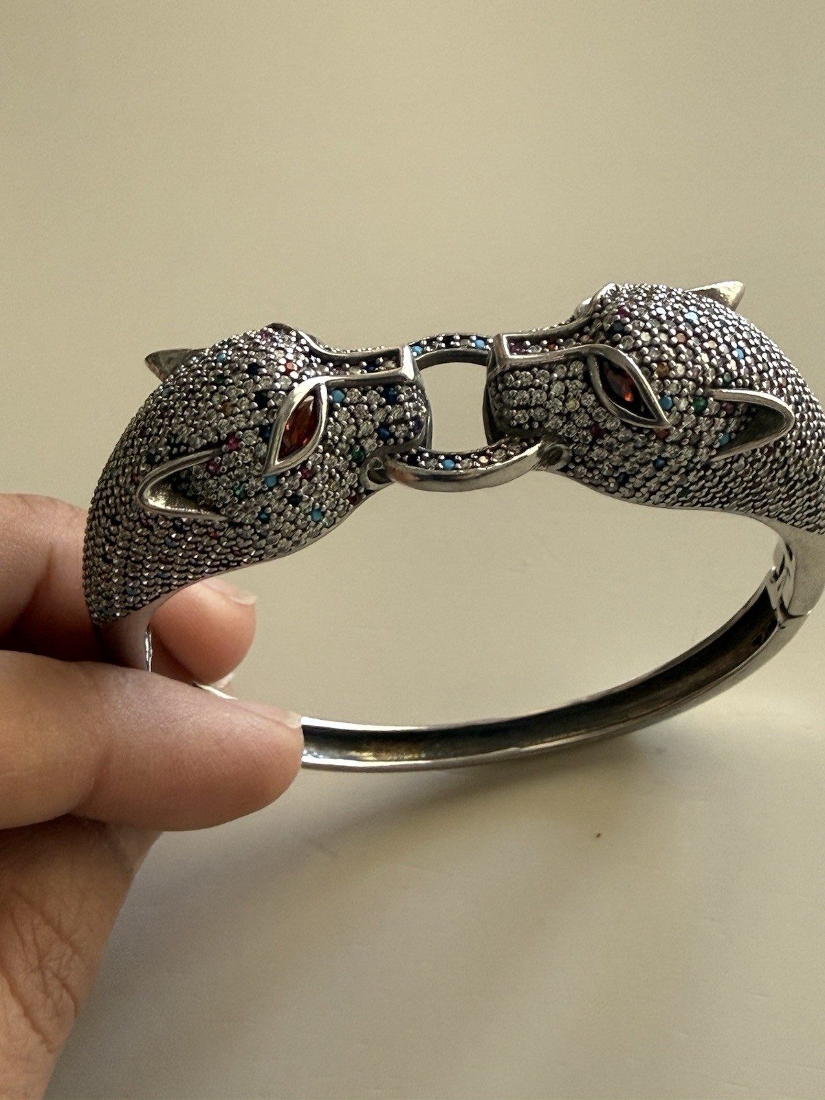 Silver Tone Animal Head Bangle Bracelet with Rhinestone Accents, Snap Closure
