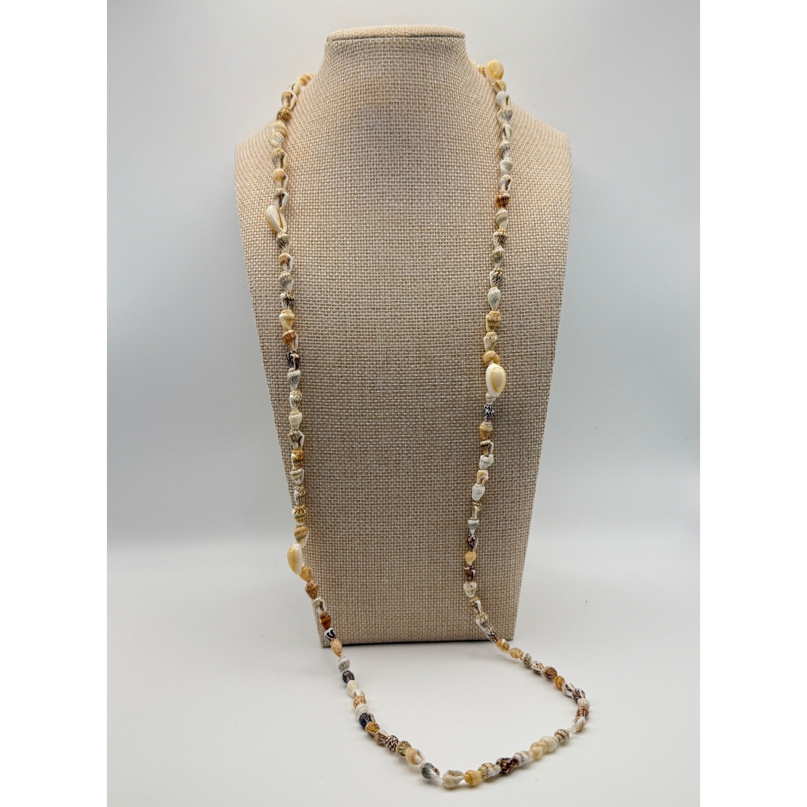 Vintage Natural Mixed Puka Cowrie Sea Shell Long Strand Necklace 34 Inch Boho