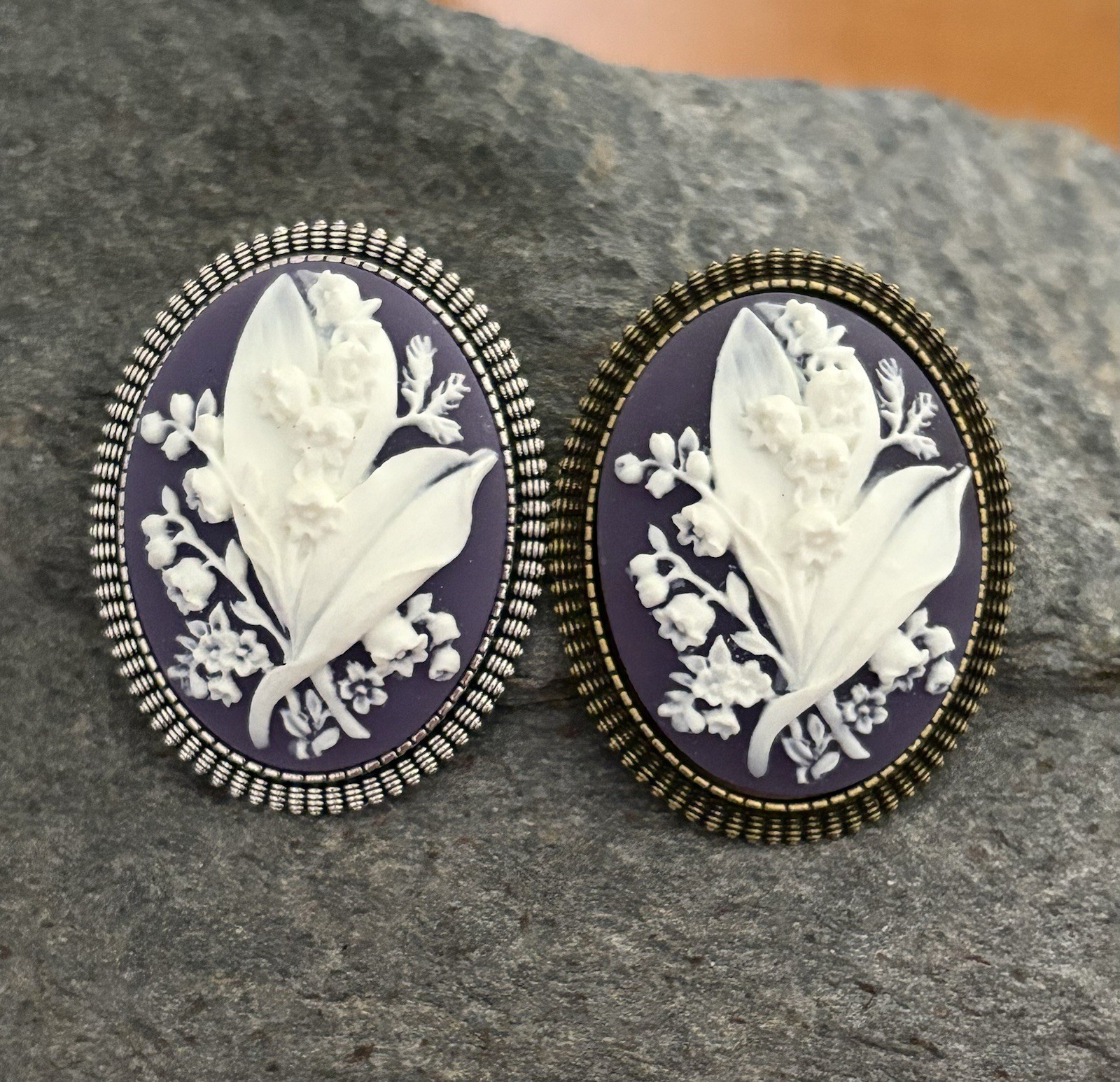 Purple Lily of the Valley Flower Cameo Brooch Pin, You Choose Silver or Bronze