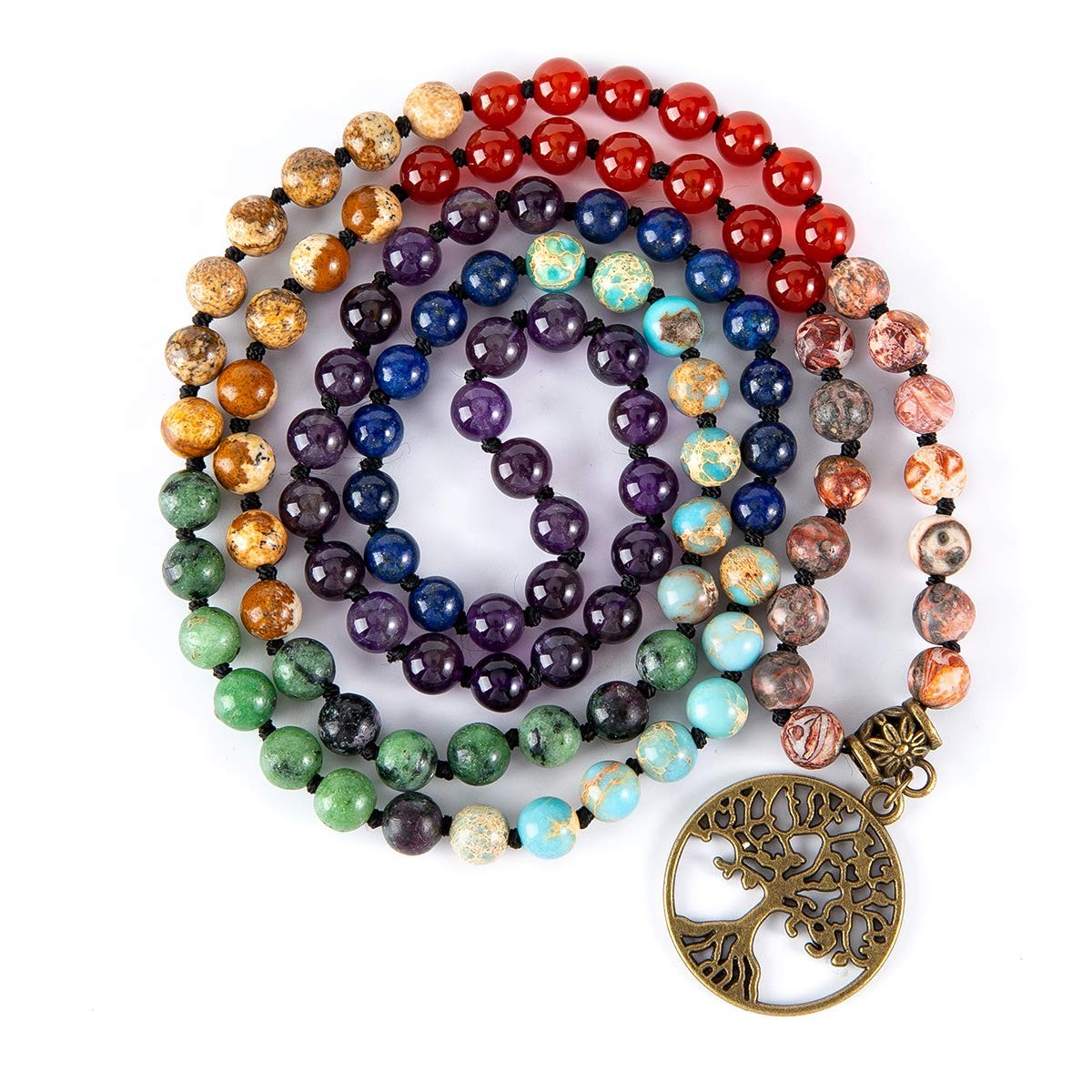 7 Chakra 108 Mala Beads Bracelet Real Gemstone Yoga Meditation Hand Knotted M…